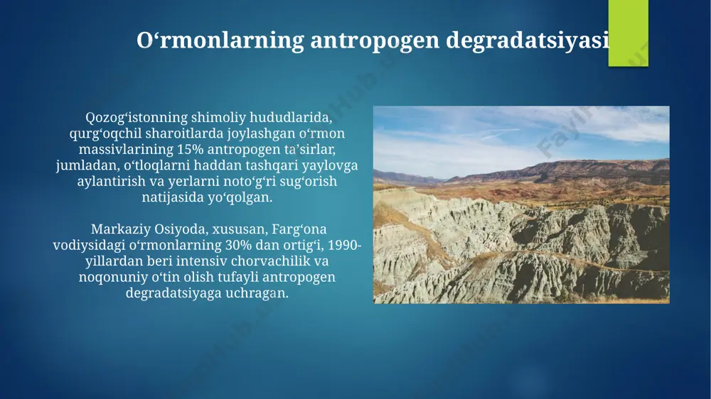 turkmanistonning antropogen landshaftlari turkmanistonning karakum choʻlida, 1970-yillarda qurilgan karakum kanali boʻylab keng miqyosda sunʼiy oʻrmonlar ekilgan boʻlib, bu antropogen landshaftning yorqin namunasidir. mary viloyatining oazis hududlarida, minglab yillar davomida dehqonchilik faoliyati natijasida hosil boʻlgan antropogen tuproqlar, zich aholi punktlari va kanallar tarmogʻi bilan ajralib turadi. antropogen landshaftlarning ekologik muammolari orol dengizi havzasidagi paxta yetishtirish 20-asrda 60% dan ortiq suv resurslarini sarflab, tuproq sho‘rlanishi va cho‘l hosil bo‘lishiga olib keldi, bu esa markaziy osiyo ekologiyasiga jiddiy zarar yetkazdi. qozog‘istonning shimoliy qismlaridagi neft va gaz qazib olish ishlari natijasida 1000 ga yaqin maydon ifloslanib, tuproq va suvning kimyoviy ifloslanishi kuzatildi. oʻzbekistonning antropogen landshaftlari toshkent yaqinidagi chigʻatoy davri (13-asr) ga oid qadimiy shahar xarobalari va ular atrofidagi antropogen tuproqlarning kimyoviy tarkibi, 50 yildan ortiq davom etgan tadqiqotlarga koʻra, mintaqadagi oʻsimliklarning oʻzgarishiga taʼsir koʻrsatgan. oʻzbekistonning janubiy choʻllarida, xususan, qarshi va buxoro viloyatlarida 2000 yildan ortiq tarixga ega boʻlgan qadimiy sugʻorish tizimlari natijasida hosil boʻlgan …