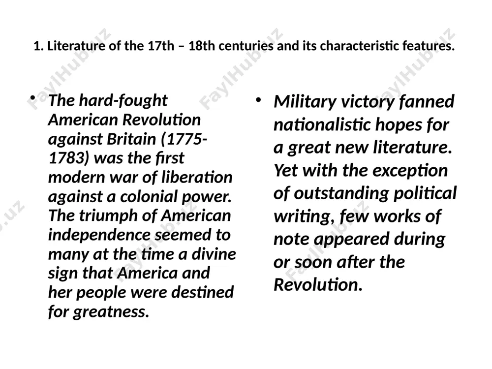 es fenimore cooper, ralph waldo emerson,. henry david thoreau, herman melville, nathaniel hawthorne, edgar allan poe, walt whitman, and emily dickinson. america's literary independence was slowed by a lingering identification with england, an excessive imitation of english or classical literary models, and difficult economic and political conditions that hampered publishing. revolutionary writers, despite their genuine patriotism, were of necessity self-conscious, and they could never find roots in their american sensibilities. colonial writers of the revolutionary generation had been born english, had grown to maturity as english citizens, and had cultivated english modes of thought and english fashions in dress and behavior. their parents and grandparents were english (or european), as were all their friends. wor added to this, american awareness of literary fashion still lagged behind the english, and this time lag intensified american imitation. fifty years after their fame in england, english neoclassic writers such as joseph addison, richard …