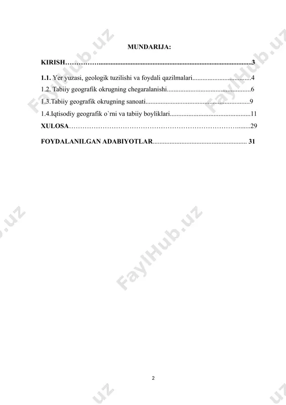 jinslar mavjud. delta-proluvial etkiziqlar esa ko'kcha va azkamar balandliklari atrofida uchrab, kumok, shag'al va lyossimon jinslardan tashkil topgan. kuyi zarafshon okrugi eng ko'p tarqalgan jinslar alluvial-delta etqiziqlari hisoblanib, zarafshon daryosi olib kelgan shag'al, qum, qumoq kabilardan iborat. okrug dengizko'l va boshqa kichik ko'llar atrofida ko'l yotqiziklari to'k sur rangli gil va qumoq jinslar mavjud. bukhoro va korako'l atrofida eol yo'l bilan vujudga kelgan qumliklar joylashgan. quyi zarafshon tumani qadimdan sugorilib, dehqonchilik qilib kelinayotgan qismlariga madaniy qatlam vujudga kelgan. 1.1 yer yuzasi, geologik tuzilishi va foydali qazilmalari quyi zarafshon okrugi tektonik botiqda joylashib, negizi paleozoy erasi ohaktosh slaneslaridan iborat bo‘lib, uning ustini mezozoy va kaynazoy eralarining cho‘kindi jins hamda mergellari, gillari va qumtoshlari qoplab olgan. mezozo erasining yura va bo‘r davr jinslari (ohaktosh, dolomit va boshqa) ko‘proq okrugning sharqida joylashgan balandliklarida uchraydi.quyi zarafshon okrugida nisbatan ko‘p tarqalgan jinslar — bu kaynozoy erasining neogen va paleogen yotqiziqlari hisoblanib, ular asosan, gazli atrofida, …