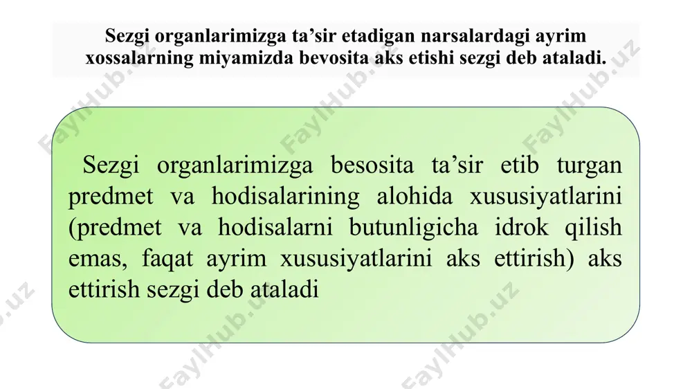 ganlari orqali 1% ta’m bilish, mazza sezgilari orqali 2% teri-taktil sezgilari orqali sezgi sifatlari - mazkur sezgining asosiy xususiyati bo‘lib, uni boshqa sezgi turlaridan farqlaydi va ayni shu sezgi turi doirasida o‘zgarib turadi. masalan, eshitish sezgisi past-balandligi, mayinligi, zo‘rligi bilan farq qiladi va hokazo. adaptatsiya - yoxud moslashuv - sezgi organlari sezgirligining qo‘zg‘atuvchi ta‘siri ostida o‘zgarishi demakdir. sensibilizasiya - analizatorlaming o‘zaro munosabati va mashq qilishi natijasida sezgirlikning kuchayishidir. sinesteziya qo‘zg‘atuvchining bir analizatorga ta’siri bilan boshqa analizatorga xos sezgining paydo bo‘lishidir. ko‘rish, eshitish sinesteziyasi ko‘proq uchraydi. sezgilar kontrasti: qarama-qarshi sifatga ega bo‘lgan bir vaqtdagi qo‘zg‘alish tufayli sezgirlikning o‘zgarishidir. masalan, tinch joyda tovush kuchliroq seziladi. oqimtir fonda qora rang qoraroq, qoramtir fonda oq rang yana ham och bo‘lib seziladi. odam charchaganda sezgirlik pasayadi. harakat oshganda sovuqqa sezgirlik o’tkirlashadi. sezgirlik kasbga ham bog’liq. masalan, rassomlarda rang sezish, musiqachilarda tovush sezish va shu kabilar. idrok-deb sezgi a’zolariga bevosita ta’sir etib turgan narsa-hodisalar obrazlarini kishi …