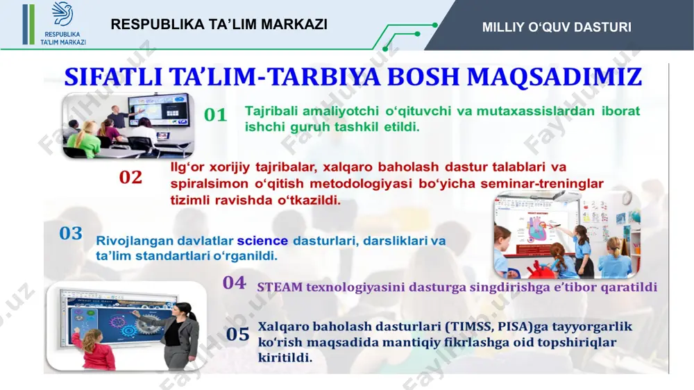 imlik va hayvonlarni farqlash. i bob. tabiat (4 soat) men izlanuvchiman. tajriba qanday o‘tkaziladi? amaliy mashg‘ulot: rangli eritma tayyorlab, oq gulning bo‘yalishini kuzatish. tirik organizmlar va jonsiz tabiat. tirik organizmlarga xos xususiyatlar. tirik organizmlar va jonsiz tabiatning o‘zaro munosabati. bob yuzasidan mantiqiy fikrlashga yo‘naltirilgan topshiriqlar. respublika ta’lim markazi milliy o‘quv dasturi 1-sinf 2-sinf ix bob. harakat (3 soat) harakat nima? tinch holat va harakat haqida tushuncha. harakat (oldinga-orqaga, o‘ngga-chapga, pastga- yuqoriga) yo‘nalishlari. avtomobillar harakati, o‘simlik va hayvonlatning harakatlanishi. amaliy mashg‘ulot: harakat qanday yuzaga keladi? xii bob. harakat (7 soat) harakat va tezlik. harakat – bu tinch holatning o‘zgarishi. jism harakat davomida bosib o‘tilgan yo‘l va harakatlanish vaqti (uydan maktabgacha borishda bosib o‘tgan yo‘li va unga ketgan vaqt). toshbaqa, quyon, gepardning tezliklarini solishtirish. amaliy mashg‘ulot. harakat turlarini o‘rganish (tortish, itarish, ko‘tarish, tushirish orqali narsa-buyumlarni harakatga keltirish). magnit nima? magnitga tortiladigan va tortilmaydigan buyumlar. magnitlarning ikkita qutbga ega ekanligi, bir xil qutblar …
