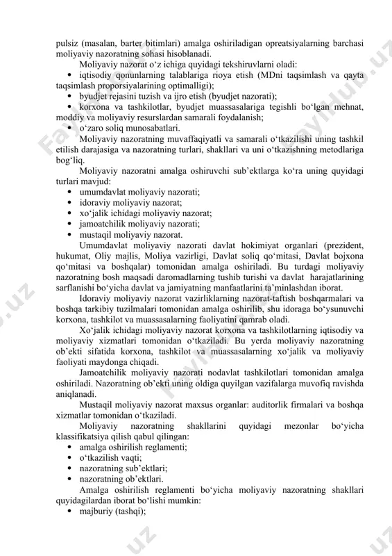 tildi, bir muncha rivojlangan moliyaviy munosabatlar tizimi paydo bo‘lib, davlat daromadlari, boj soliqlari, aksizlar, fiskal monopoliyalardan iborat edi. daromadlar ham, harajatlar ham erariyga - rim senatining xazinasi va fisk-imperator xazinasiga bo‘lingan edi. rim respublikasining inqirozi bilan (ayniqsa, rim imperiyasi davrida) moliyaviy nazorat elementlari yo‘qoldi, chunki xokimiyatni to‘liq egallab olgan imperatorlar xazinaga o‘z mulki sifatida qarar va jamiyat mablag‘laridan o‘z bilganlaricha foydalanardilar. feodalizm davrida moliya masalasi betartib bo‘lib, davlat tomonidan tartibga solingan pul munosabatlari tizimi mavjud emasdi. feodalizmda moliyaviy munosabatlarning bir muncha rivojlangan shakllari shaharlar- hunarmandchilik, manufaktura, savdo markazlari, bankirlar uylari paydo bulgan joylarda mavjud bo‘lgan. moliya elementlariga nisbatan moliyaviy nazorat mutlaqo ibtidoiy ahvolda edi. davlat xazinasi davlat boshlig‘i xazinasidan ajratilmagan va hokimi mutlaklar mablag‘lardan o‘z mablag‘lari singari mutlaqo benazorat foydalanardilar. davlat harajatlari nazoratdan to‘liq holi bo‘lib, bu hukmron sinflarning tekinxo‘rlarcha iste’moli, xazinani talon taroj-kilish va poraxo‘rlik o‘sishiga xizmat qilar; natura soliqlari va to‘lovlar undirishda boshboshdoqlik hukm suradi. shunday qilib, quldorlik …