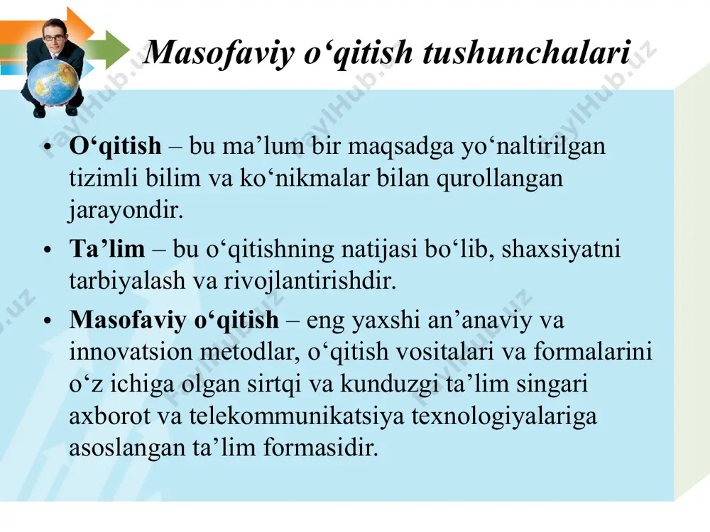 gi o'qitish kurslarini yaratishlari lozim bo'ladi. o'quv topshiriqlarining turlari; masofaviy o'qitish kurslarini yaratishda dastlab: kurslarning maqsadi; maqsadga erishish yo'llari; o'quv materiallarini taqdim etish usullari; o'qitish metodlari; muhokamalar uchun savollar; munozara va bahslarni tashkil etish yo'llari; o'zaro aloqa usullari va kommunikatsiya singari omillarni o'quvchi va o'qituvchining o'rtasidagi kommunikatsiya turiga ko'ra masofaviy o'qitish metodlarini quyidagi asosiy guruhlarga ajratish mumkin: 1 2 3 mustaqil o'qish usullari; «birga-bir» pedagogik usuli; «birga-ko'pchilik» o'qitish; kommunikatsiya asosida «ko'pchilik-ko'pchilik» 4 «birga-bir» masofaviy o'qitish metodi – bu individuallashtirilgan o'qitish va o'qish metodidir. bunda o'quv muloqotlarining o'quvchi-o'qituvchi, o'quvchi-o'quvchi shakllari qatnashadi. bu metod uchun telefon, ovozli pochta, elektron pochta kabi texnologiyalarni qo'llash talab etiladi. kompyuter tarmoqlariga asoslangan «teleustozlik»ni rivojlantirish muhim yo'nalish hisoblanadi. «birga – ko'pchilik» o'qitish usuli uchun an'anaviy va zamonaviy texnologiyalar asosidagi ta'lim afzalliklarini 1.2-jadvalda keltirilgan taqqoslash orqali ko'rish mumkin. masofaviy mustaqil o'qish uchun multimedia yondashuvi xarakterlidir. mustaqil o'qishni tashkil etishda an'anaviy ta'lim va zamonaviy axborot texnologiyalariga asoslangan ta'limning imkoniyatlarini …