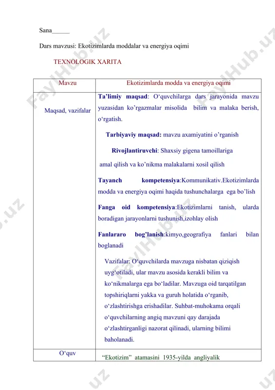 , savol-javoblar, muhokama, kuzatish, test, o‘z-o‘zini nazorat qilish. baholash: rag‘batlantirish, 5 balli tizim asosida baholash. kutiladigan natijalar o‘qituvchi: mavzu qisqa vaqt ichida barcha o‘quvchilar tomonidan o‘zlashtiriladi. o‘quvchilarning faolligi oshadi. o‘quvchilarda darsga nisbatan qiziqish uyg‘onadi. mavzuda o‘quvchilar egallashi lozim bo‘lgan bilim, ko‘nikma va malakalardan kelib chiqqan holda o‘quvchilar bilimi baholanadi. o‘z oldiga qo‘ygan maqsadlariga erishadi. o‘quvchilar og‘zaki va yozma axborotlarni mustaqil o‘rganish, uni xotirada saqlash, boshqalarga yetkazish, savol berish va savollarga javob berishga o‘rgatiladi. o‘quvchi: yangi bilimlarni egallaydi. yakka va guruh bo‘lib ishlash malakasiga ega bo‘ladi. og‘zaki va yozma nutqi rivojlanadi. eslab qolish qobiliyati (xotirasi) mustahkamlanadi.o‘z-o‘zini nazorat qilish, ijodiy va tanqidiy fikrlash ko‘nikmasi shakllanadi. qisqa vaqt ichida ko‘p ma’lumotga ega bo‘ladi. jarayonni baholay oladi va munosabat bildiradi. darsda vaqt taqsimoti: tashkiliy qismi - 3 daqiqa otilgan mavzuni sorash-10 daqiqa yangi dars bayoni - 20 daqiqa mustaxkamlash - 5 daqiqa o’quvchilarni baholash - 5 daqiqa uyga vazifa - 2 daqiqa darsni borishi: …