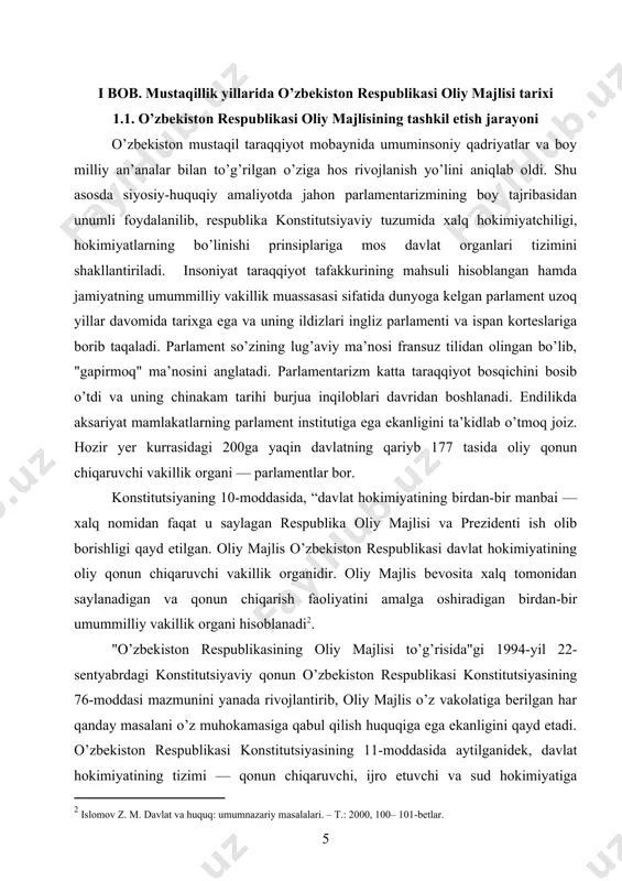 izimi — qonun chiqaruvchi, ijro etuvchi va sud hokimiyatiga bо’linish prinsipiga asoslanadi. unga kо’ra, davlat funksiyalari qonun chiqaruvchi organ — oliy majlis, davlat va ijroiya hokimiyati rahbari — о’zbekiston respublikasining prezidenti va sud hokimiyati о’rtasida taqsimlanadi. о’zbekiston oliy majlisi esa davlatning boshqa idoralari bilan hamkorlik qilish bilan birga, qonun chiqaruvchi hokimiyatni amalga oshiradi. oliy majlisning qonun chiqarish faoliyati о’z ahamiyatiga kо’ra u amalga oshiradigan boshqa vakolatlar orasida ustuvor hisoblanadi. konstitutsiyaning 7b-moddasida oliy majlisning boshqa biron vazifasi kо’rsatilmagan. lekin shuni ta’kidlash joizki, oliy majlisga uning konstitutsiyaviy maqomi doirasida shunday vakolatlar berilganki, ulardan kelib chiqib, parlament ba’zi bir nazorat funksiyalarini ham bajara oladi. о’zbekiston respublikasida saylov huquqi va saylov tizimi. konstitutsiyaning 117-modda о’zbekiston respublikasining fuqarolari davlat hokimiyati vakillik organlariga va saylanish huquqiga egadirlar deb ta’kidlangan. har bir saylovchi bir ovozga ega. о’z xohish irodasini bildirish tengligi va erkinligi qonun bilan kafolatlanadi. о’zbekiston respublikasida prezident saylovi, hokimiyatning vakillik organlari saylovi umumiy, teng, tо’g’ridan-tо’g’ri …