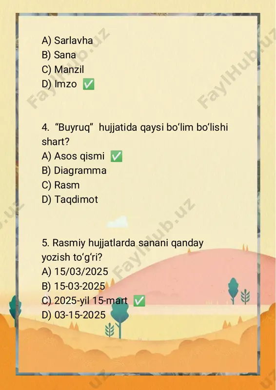 . yer unumdorligini oshirish uchun nima ishlatiladi? a) ✅o‘g‘itlar b) qum c) ohak 94.qaysi davlat o‘zbekiston bilan chegaradosh emas? a) qozog‘iston b) ✅turkiya c) tojikiston 95.. davlat bayrog‘ida nechta oq chiziq bor? a) 1 b) ✅2 c) 3 96.paxtani yig‘ib-terishda mehnat unumdorligini oshirish vositasi qaysi? a) qo‘lda terish b) ✅mexanizatsiya c) ko‘chat ekish 97.“o‘zagroinspeksiya” faoliyat yo‘nalishi nima? a) sug‘orish tizimlarini qurish b) qishloq xo‘jaligi texnikasini ishlab chiqarish c) qishloq xo‘jaligida inspeksiya ✅nazorati 98. yer kadastri nima? a) yer haqidagi ma’lumotlar ✅to‘plami b) sug‘orish tizimlari rejasi c) fermer xo‘jaligi nomi 99.sug‘orish suvidan tejamkor foydalanishning maqsadi nima? a) suv sarfini ✅kamaytirish b) yerni sovutish c) yerni tekislash 100.. o‘zbekiston respublikasi davlat madhiyasi matn muallifi kim? a) erkin vohidov b) abdulla ✅oripov c) muhammad yusuf 1-b 2-b 3-d 4-a 5-c 21-c 22-c 46-b 61-a 86-c 87-b 88-b 89-b 90-a 91-a 92-b 93-a 94-b 95-b 96-b 97-c 98-a 99-a 100-b