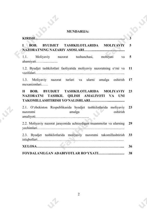 kilotlari jamiyatning ijtimoiy, iqtisodiy hamda madaniy rivojlanishida muhim o‘rin tutadi. shu sababli ushbu mablag‘lardan maqsadli va samarali foydalanishni nazorat qilish dolzarb masalalardan biridir. moliyaviy nazorat davlat moliya tizimining barqaror ishlashini ta’minlash, byudjet mablag‘laridan foydalanishda qonuniylik, tejamkorlik va samaradorlikni oshirishga xizmat qiladi. moliyaviy nazoratning to‘g‘ri tashkil etilishi korrupsiya va moliyaviy xatolarning oldini olish, davlat mablag‘larining manzilli sarflanishini ta’minlash imkonini beradi. so‘nggi yillarda mamlakatimizda byudjet jarayonlarini takomillashtirish, elektron hisobot tizimlarini joriy etish, ichki va tashqi auditni rivojlantirish bo‘yicha keng ko‘lamli ishlar amalga oshirilmoqda. shu nuqtayi nazardan, byudjet tashkilotlarida moliyaviy nazoratni samarali tashkil etish va uni yanada takomillashtirish masalalarini o‘rganish ilmiy va amaliy ahamiyat kasb etadi. kurs ishining dolzarbligi - o‘zbekiston respublikasida amalga oshirilayotgan keng ko‘lamli iqtisodiy islohotlarning markazida davlat moliya tizimini takomillashtirish masalasi turibdi. byudjet mablag‘laridan oqilona va maqsadli foydalanish, ularning samaradorligini oshirish, davlat organlari va tashkilotlari faoliyatida moliyaviy intizomni mustahkamlash bugungi kunning eng dolzarb vazifalaridan biri hisoblanadi. byudjet tashkilotlari davlat mablag‘lari …