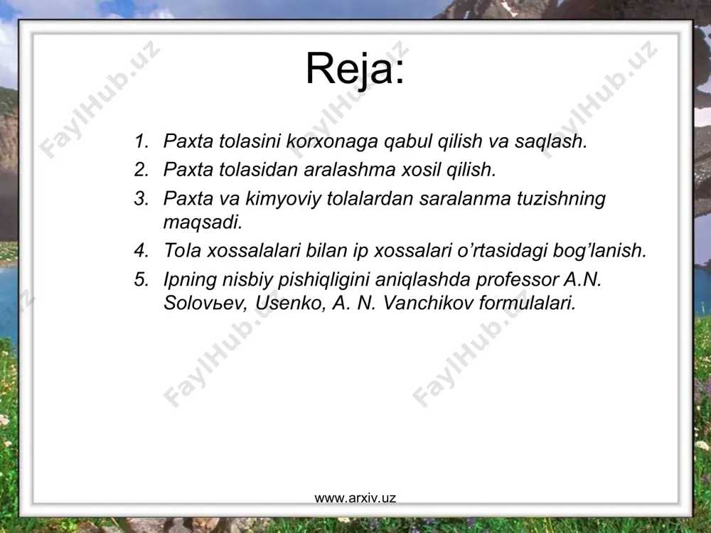 ng kamida 24 ta toy paxta bo’lish kerak. aralashmaga kiradigan tolalarning uzunligi bo’yicha farqi 1-2 mm dan oshmasligi kerak. aralashmaga kiradigan tolalarning yo’g’onligi bir-biriga juda yaqin bo’lishi kerak. aralashma tarkibiga yonma-yon turgan paxtaning navlari tanlanishi kerak. aaralashmaga eng kamida ikkita paxta zavodining paxtasidan 6-8 markada tanlash kerak. www.arxiv.uz www.arxiv.uz paxta tolasining kimyoviy tolalarning aralashtirib ishlatishdan asosiy maqsad ulardan olinadigan buyumlarning pishiqligini oshirish. aralashmadagi tolalar qancha uzun bo’lsa, undan yigiriladigan ip shuncha pshiq bo’ladi, ularning notekisligi kamayadi ish unumi ortadi. ip gazlama sanoatining kimyoviy tolalarning o’zidangina yoki ularning paxat tolasi bilan aralashmasidan borgan sari ko’proq gazlama va buyumlar ishlab chiqarilmoqda. www.arxiv.uz www.arxiv.uz www.arxiv.uz www.arxiv.uz tola xossalari bilan ip xossalari o’rtasidagi bog’lanish. ipning sifati ko’p jixatdan tolaning sifatiga bog’lik, lekin ipning sifatiga ta’sir qiladigan boshqa omillar xam bor. masalan: yigirishda tanlangan mashinalarning turi, tezligi, cho’zish miqdori, maxsulotning qo’shish soni, pishitish darajasi, tsexlardagi ekologik xolat va boshqalar. shuning uchun xam xar bir yo’g’onlikdagi …