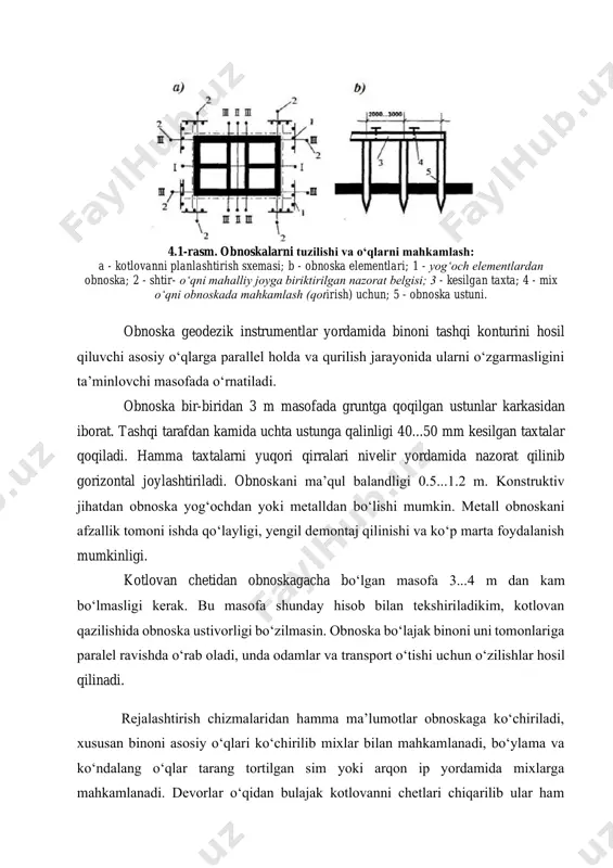 ini hosil qiluvchi asosiy o‘qlarga parallel holda va qurilish jarayonida ularni o‘zgarmasligini ta’minlovchi masofada o‘rnatiladi. obnoska bir-biridan 3 m masofada gruntga qoqilgan ustunlar karkasidan iborat. tashqi tarafdan kamida uchta ustunga qalinligi 40...50 mm kesilgan taxtalar qoqiladi. hamma taxtalarni yuqori qirralari nivelir yordamida nazorat qilinib gorizontal joylashtiriladi. obnoskani ma’qul balandligi 0.5...1.2 m. konstruktiv jihatdan obnoska yog‘ochdan yoki metalldan bo‘lishi mumkin. metall obnoskani afzallik tomoni ishda qo‘layligi, yengil demontaj qilinishi va ko‘p marta foydalanish mumkinligi. kotlovan chetidan obnoskagacha bo‘lgan masofa 3...4 m dan kam bo‘lmasligi kerak. bu masofa shunday hisob bilan tekshiriladikim, kotlovan qazilishida obnoska ustivorligi bo‘zilmasin. obnoska bo‘lajak binoni uni tomonlariga paralel ravishda o‘rab oladi, unda odamlar va transport o‘tishi uchun o‘zilishlar hosil qilinadi. rejalashtirish chizmalaridan hamma ma’lumotlar obnoskaga ko‘chiriladi, xususan binoni asosiy o‘qlari ko‘chirilib mixlar bilan mahkamlanadi, bo‘ylama va ko‘ndalang o‘qlar tarang tortilgan sim yoki arqon ip yordamida mixlarga mahkamlanadi. devorlar o‘qidan bulajak kotlovanni chetlari chiqarilib ular ham mixlar yordamida …