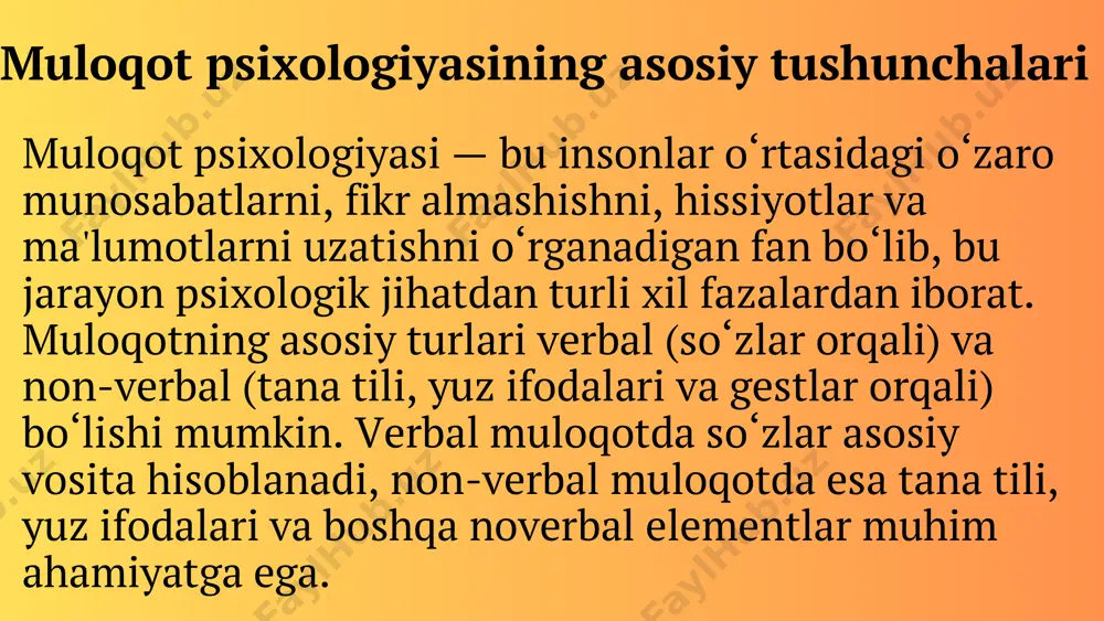 anglashuvi va muammolarni hal qilishda yordam beradi. kelajakda muvaffaqiyatli muloqot uchun yangi texnologiyalarni hisobga olgan holda, muloqotning etik jihatlarini ham chuqur tushunish zarur. 1.goleman, d. (1995). emotional intelligence. bantam books. 2.schramm, w. (1971). the process and effects of mass communication. university of illinois press. 3.mehrabian, a. (1971). silent messages. wadsworth publishing. 4.rogers, c. r., & farson, r. e. (1987). active listening. dorsett publishing. foydalanilgan adabiyotlar: