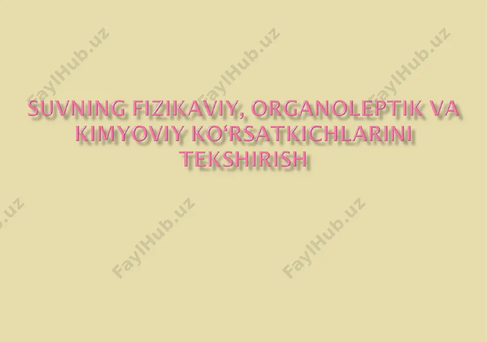 baxolash 6. nitratlar - davlat standarti -18826 - 73 bo‘yicha. 7. kbe (kislorodning biokimyoviy ehtiyoji-20) -erigan kislorod bo‘yi-cha (yodometrik usul). 8. oksidlanuvchanligi - permanganat usuli. 9. xloridlar - davlat standarti 4245 - 72 bo‘yicha. 10. sulfatlar - davlat standarti - 4389 -72 bo‘yicha. 11. temir - davlat standarti - 4011 - 72 bo‘yicha.