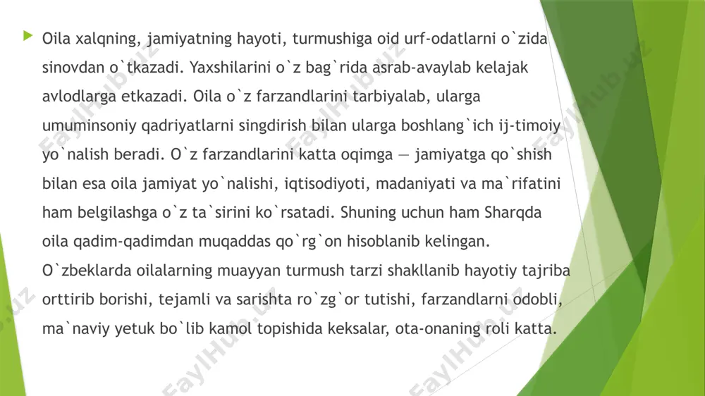 'minlashish darajasining o’zgarib borishi uning iqtisodiy taraqqiyotini belgilaydi. oila mohiyati uning faoliyati, ya'ni u bajarayotgan vazifalar bilan belgilanadi. ularga avlod yaratish vazifasini (jamiyatni davom ettiruvchi avlod yaratish, inson zotini davom ettirish); ijtimoiy vazifasi (oiladagi farzandlarni tarbiyalash, ularni o‗zaro tabiatga, jamiyatga bo’lgan munosabatlarini shakllantirish, oila a'zolarining dam olishi va salomatligini tiklash); iqtisodiy vazifasi (oila a'zolarini oziq-ovqat,kiyim-kechak va boshqa yashash uchun zarur bo’lgan vositalar bilan ta'minlash kiradi. image1.jpeg image2.jpeg image3.jpeg image4.jpeg image5.jpeg image6.jpeg /docprops/thumbnail.jpeg