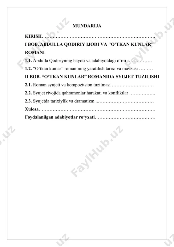 ynabning hasadkorligi, yusufbek hoji va boshqa qahramonlarning harakatlari voqealar zanjirini harakatga keltiradi. roman syujeti orqali yozuvchi xix asr oxiri – xx asr boshlaridagi turkiston voqeligini badiiy tarzda aks ettiradi. bu davrda sodir bo‘layotgan ijtimoiy o‘zgarishlar, yangilik va eskilik o‘rtasidagi ziddiyat, diniy, milliy va ma’naviy qadriyatlar inqirozi kabi masalalar syujet orqali o‘quvchiga yetkaziladi. shu jihatdan syujet tahlili asarning chuqur ma’nosini ochishda asosiy vositalardan biri hisoblanadi. bugungi adabiy-tanqidiy yondashuvlarda syujet faqatgina voqealar ketma-ketligi emas, balki muallifning dunyoqarashi, estetik ideal, g‘oya va falsafiy tamoyillarining ifodasidir. shu sababli “o‘tkan kunlar” romanining syujeti — qodiriyning adabiy uslubi, ijtimoiy pozitsiyasi va badiiy niyatlarini chuqur o‘rganish uchun asosiy mezondir. mazkur kurs ishining dolzarbligi ham aynan shu jihatdan kelib chiqadi. kurs ishining maqsadi – abdulla qodiriyning “o‘tkan kunlar” romanidagi syujetni badiiy va nazariy jihatdan tahlil qilish, syujet orqali yoritilgan asosiy g‘oyalarni aniqlash va uning o‘zbek romanchiligidagi o‘rnini belgilash. kurs ishining vazifalari abdulla qodiriyning hayoti va ijodiy merosi haqida …