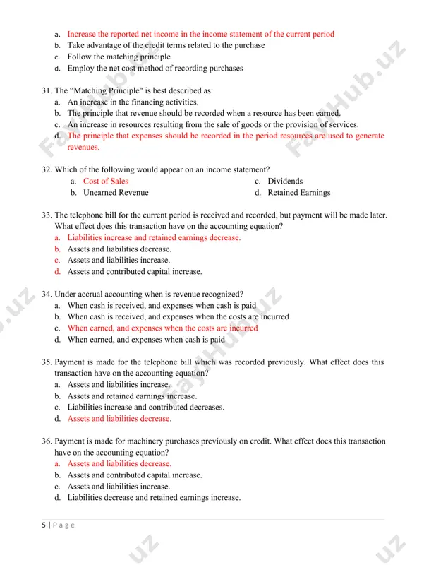 journals? a. transactions are recorded faster and more efficiently. b. automation may reduce the risk of errors. c. repetitive transactions are handled quickly and efficiently. d. different accounting principles are applied. 42. if an accounting manager asks you to delay recording an invoice for the purchase of merchandise until after the closing of the general ledger, but include the merchandise in the physical count of the ending merchandise inventory (periodic inventory method), the manager is attempting to do which of the following? a. increase the reported net income in the income statement of the current period b. take advantage of the credit terms related to the purchase c. follow the matching principle d. employ the net cost method of recording purchases 43. the “matching principle" is best described as: a. an increase in the financing activities. b. the principle that revenue should be recorded when a resource has been earned. …