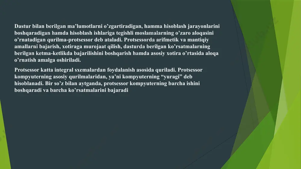 n bo’lsak, disketlarsiz diskyurituvchi go’yo kassetasiz magnitofondir: diskyurituvchi - disketdagi axborotni yozish va o’qish uchun mo’ljallangan qurilma. disketa - axborotni uzoq vaqt saqlash uchun maxsus vosita. disketa ichida axborot yoziladigan nozik magnit disk joylashgan. tashqi xotira uchun kichik doirasimon (20, 12 va 8 sm diametrli) egiluvchi magnit disketlardan foydalanish juda kulay. tashqi xotira, odatda magnit disklardan iborat bo’lib, ular ikki turlidir. birinchi turi - egiluvchan disklar yoki disketalar. disket yordamida axborotni bir kompyuterdan boshqasiga o’tkazish mumkin. ikkinchi turi qattiq disklar. bunday disklarni bir kompyuterdan boshqasiga o’tkazish mumkin emas, lekin ular kompyuterda juda katta hajmda axborotni saqlash imkonini beradi. birgina qattiq diskka bir necha yuzta egiluvchan disketdagi axborotni yozish mumkin. birinchi tur diskdagi axborot hajmi kbayt, ikkinchi tur diskdagisi esa mbayt bilan o’lchanadi. hozirgi paytda optik disklar paydo bo’lmoqda. bunday disklarga lazer nuri yordamida gigabaytlarda (gbayt) o’lchanadigan katta hajmdagi axborot yozilishi mumkin. model mht20xxah shpindelining aylanish tezligi 5400 ob.min. o’rtacha axborot …