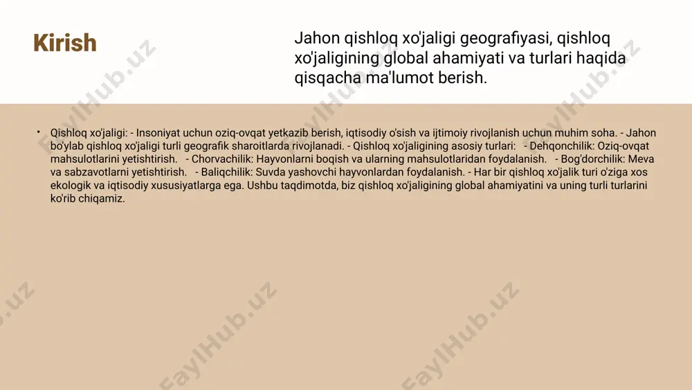 klar va hayvonlar bir-birini to'ldirib, o'zaro foydali ta'sir ko'rsatadi, bu esa hosildorlikni oshirishga yordam beradi. afzalliklari va misollar aralash qishloq xo'jaligining afzalliklari: 1. ekologik barqarorlikni oshiradi. 2. qishloq xo'jaligi mahsulotlarining xilma-xilligini ta'minlaydi. 3. ekonomik samaradorlikni oshiradi. misollar: o'zbekistonda aralash qishloq xo'jaligi amaliyotlari ko'plab fermer xo'jaliklarida qo'llaniladi, masalan, g'alla va molchilikni birga olib borish orqali. bu usul fermerlarga resurslardan samarali foydalanish imkonini beradi. photo by natalya letunova on unsplash qishloq xo'jaligi va atrof-muhit qishloq xo'jaligi va atrof-muhit o'rtasidagi bog'lanish muhim ahamiyatga ega. bu erda qishloq xo'jaligining atrof-muhitga ta'siri, barqaror qishloq xo'jaligi amaliyotlari va ekologik muammolar bilan yechimlar ko'rib chiqiladi. qishloq xo'jaligi erlardan foydalanish, suv resurslari va biologik xilma-xillikni o'z ichiga oladi. bu faoliyatlar atrof-muhitga turli ta'sirlar ko'rsatadi, masalan, tuproq eroziyasini oshirishi va suv sifatining yomonlashishiga olib kelishi mumkin. shuning uchun qishloq xo'jaligi faoliyatini ekologik jihatdan barqaror qilish zarur. barqaror qishloq xo'jaligi amaliyotlari, masalan, organik qishloq xo'jaligini rivojlantirish va suvni tejovchi texnologiyalarni …