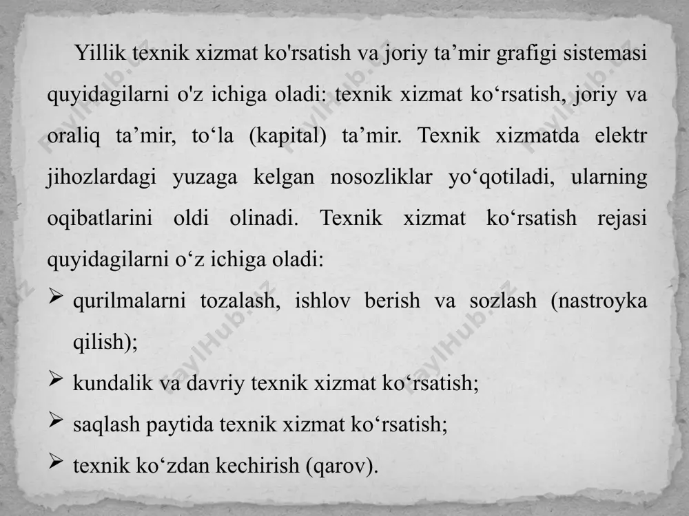 texnik xizmat ko‘rsatishdek o‘tkaziladi. bunda barcha detal va qismlar tozalanadi, zararlangan joylar tuzatiladi, bo‘yoqlari tiklanadi, omborda saqlanishi kerak bo‘lgan qismlari yechib olinadi va omborga topshiriladi. gidrosilindrlarning shtoklari, shlitsli ulanishlar, vintli va boshqa zichlanib turuvchi detallar konservatsiyalanadi. mexanizmlardagi turli prujinalarni siqilishdan bo‘shatib, ustiga zanglashga qarshi mastika surtib qo‘yiladi. davriy texnik xizmat ko'rsatish muddatlari yillik texnik xizmat ko‘rsatish va joriy ta’mir grafigi bo‘yicha belgilanadi va o‘tkazib turiladi. bu muddatlar elektr uskuna xarakteriga, tipiga va atrof muhit sharoitiga, ishlab chiqarilgan yiliga bog'liq bo‘ladi. elektr uskunalar muntazam ravishda texnik ko‘rik va diagnostikadan o‘tkazib turiladi, ularning nosozliklari, eskirgan elementlari o‘z vaqtida topib, tuzatib turiladi. diagnostika natijalariga ko'ra texnik xizmat ko‘rsatish va joriy ta’mir hajmi aniqlanadi, elektr uskunaning, uning qismlarining keyingi ekspluatatsiyaga yaroqlilik holati haqida xulosa qilinadi. diagnostika elektr uskunalarni qismlarga ajratmasdan bajariladi. elektr uskunalar, nazorat o‘lchov asboblari va avtomatika vositalarining texnik xizmat ko‘rsatish odatda tarkibida 3- kishidan iborat elektroslesarlar bo‘lgan brigada tomonidan bajariladi. shit yoki …