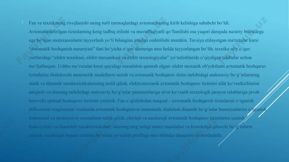 shqarish to‘g‘risida tushuncha. boshqarish nazariyasi fanining predmeti, maqsadi va vazifalari. bordiyu, texnik qurilmaning ish jarayonini xarakteristikalovchi kattaliklar ish jarayonida belgilangan qiymatlaridan sezilarli darajada og‘sa, unday hollarda qurilma sozlovchi yoki boshqaruvchi a’zolari bilan ta’minlanadi. sozlovchi a’zo yordamida bir xilda o‘zgartirmay yoki kerakli tarzda o‘zgartirib chiqishdagi o‘zgaruvchini sozlaydi yoki boshqaradi. bunday texnik qurilmalar sozlovchi yoki boshqaruvchi ob’ektlar deb ataladilar. avtomatik sozlash deb mashina va apparatlarda inson ishtirokisiz qandaydir fizik kattalikni belgilangan bir xil qiymatda ushlab turishga aytiladi. bunday avtomatik tizimlar uchun eng xislatli narsa shuki, ularda mavjud bo‘lgan qo‘zg‘atuvchi ta'sirlarni tizim juda minimal xatolikka erishguncha dahlsizlashtirish lozim. avtomatik boshqarish deb mashina va apparatlarda inson ishtirokisiz qandaydir fizik kattalikni belgilangan qonuniyat asosida o‘zgartirib turishga aytiladi. bu tizimlar uchun eng xislatli narsa qandaydir berilayotgan ta'sirlarning o‘zgarishi chiqishdagi parametrni o‘zgarishda aniq aks etish lozimligidir. ob'ektga boshqaruvchi ta'sirning oldindan belgilab qo‘yishlar bo‘yicha shakllanishi boshqarish yoki sozlashning qonuni (boshqarish algoritmi) deb ataladi. chiziqli va egri chiziqli boshqarish …