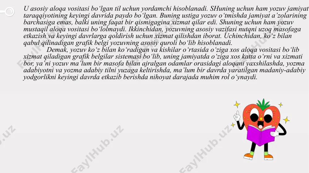 oʻgʻin yozuv) va ideogrammalar (shartli belgi, simvol) evolyutsiyasi natijasida harflar paydo boʻldi yozuv taraqqiyotida harf-yozuv davri boshlandi. hozirgi vaqtda jahon aholisining taxminan toʻrtdan uch qismi mana shu yozuvdan foydalanadi. harf tovush yozuvi hozirgi vaqtda, asosan, yirik toʻrt xil yozuv sistemasidan iborat. lotin yozuvi asosidagi yozuvdan jahon aholisining 30%, slaviyan-krillitsa yozuvidan 10%, arab yozuvidan 10%, hind yozuvidan 20% aholi foydalanadi. eramizdan bir yarim ming yil ilgari giksoslar alifbesini finikilar oʻzgartirib, oʻz tilining tovushlariga moslashtirib olganlar. dunyodagi koʻp tillarning fonetik yozuvlari finikilarning yozuvi asosida vujudga kelgan. keyinchalik finikilarning bu alifbosi uch tarmoqqa boʻlinib rivojlandi: 1. oromiy – suriya tarmogʻi, u sharqqa qarab tarqalgan. 2. janubiy arabiston tarmogʻi, u janubga tomon tarqalgan. 3. yunon-yevropa tarmogʻi, u gʻarbga qarab tarqalgan. by: .com © presentationgo.com turkiy xalqlarning ota-bobolari 22 harfli oromiy yozuvidan foydalanib, oʻzlarining 26 harfli turk-run (sak tili va yozuvi)ni kashf etganlar. chunki 1970 yilgacha turkiy yozuv eramizning vi-vii asrlarida paydo boʻlgan, degan fikr …