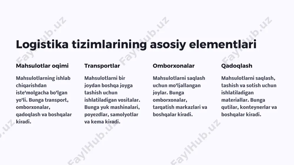 . marketing mahsulotlarni iste'molchilarga jozibador qilib ko'rsatadi. ma'lumot mahsulot haqida kerakli ma'lumotlarni o'z ichiga oladi. samaradorlik tashish va saqlash jarayonlarini optimallashtiradi. xarid va sotish jarayonlari 1 buyurtma 2 to'lov 3 yetkazib berish 4 qabul qilish 5 qaytarish buyurtma jarayonlari oson va tez amalga oshiriladi. to'lov shakllari xarid qilish jarayoniga ko'ra o'zgarishi mumkin. yetkazib berish xizmati xaridorga qulaylik yaratadi. informatsion tizimlarning ahamiyati inventarni boshqarish inventar darajasini nazorat qilish va optimallashtirish. tashishni rejalashtirish yuklarni samarali tashish yo'llarini rejalashtirish. mijozlar bilan aloqa mijozlar bilan aloqa o'rnatish va buyurtmalarni qabul qilish. moliyaviy boshqarish xarajatlarni nazorat qilish va foyda darajasini oshirish. logistika tizimlarida aloqa va axborot almashish 1 ta'minotchilar mahsulotlarning ta'minoti haqida ma'lumot almashish. 2 omborxonalar inventar darajasi va tashish rejasi haqida ma'lumot almashish. 3 transport kompaniyalari yuklarni tashish va yetkazib berish haqida ma'lumot almashish. 4 mijozlar buyurtmalar va yetkazib berish haqida ma'lumot almashish. logistika tizimlarida qaror qabul qilish 1 ma'lumotlarni tahlil qilish 2 variantlarni …