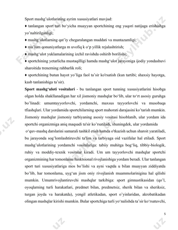 har tomonlama rivojlanishini ta’minlashi; b) shu bilan birga, ular sport ixtisosligi xususiyatlarini aks ettirishi lozim. shu bilan bog‘liq holda umumtayyorlovchi mashqlar sportchining maxsus xususiyatlarini shakllantirishga bilvosita ta’sir ko‘rsatadigan sifat hamda ko’nikmalarning rivojlanishiga ijobiy ta’sir qilishi kerak. boshqacha aytganda, ular yordamida u yoki bu sport faoliyatini takomillashtirish uchun poydevor yaratilishi zarur. sport amaliyotida umum tayyorlovchi mashqlar: 1) sportchining sport nuqtai nazaridan takom illashuvida yordamchi aham iyatga ega bo’lgan malaka va ko‘nikmalami shakl lantirish, mustahkamlash yoki tiklash uchun; 2) sportchining ishchanlik qobiliyati umumiy darajasini ko‘tarish yoki bir m e’yorda saqlab turish uchun; 3) jismoniy sifatlarni ixtisoslashtirib rivojlantirish maqsadida funktsional poydevor yaratish uchun; 4) faol dam olish, harakat yuklamalarida sportchining organizmidagi tiklanish jarayonlarini tezlashtirish, mashg’ulotning bir me’yordaligini bartaraf etish uchun qo'llaniladi. umum tayyorlovchi mashqlar sportchini umumiy tayyorlash vositasidir. b u yordamchi vositalari kam bo’lgan, mashg‘ulotlari ma’lum ma’noda bu e’tiborli (gimnastika, og’ir atletika, yugurish), ya’ni musobaqa mashqlari asosiy mashg’ulot vositalari hisoblangan sport turlarida alohida …