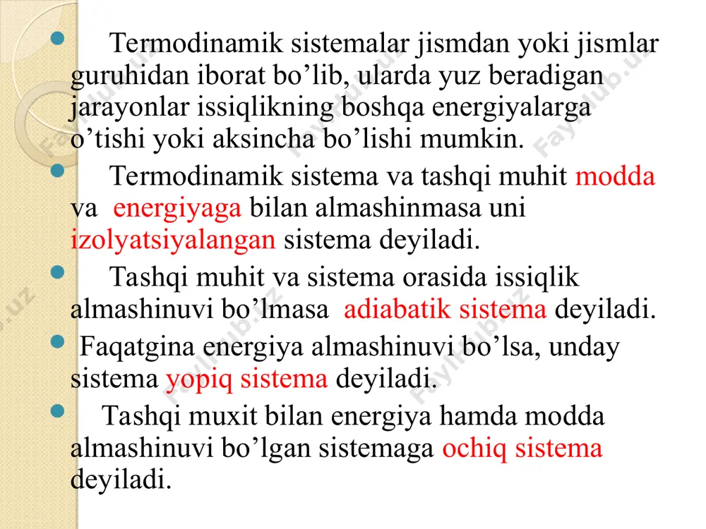 mmasi modda almashinuvi evaziga amalga oshadi. prigojin teoremasi: statsionar holatlarda tashqi fiksatsialangan parametirlarda sistemaning entropiya mahsuloti vaqt oralig’ida doimiy bo’lib, miqdoriy jihatdan minimaldir, ya’ni dsi/ dt>0 va minimal boladi. organizm statsionar holatining termodinamik kriteriysi: q=const bo’lganda, organism entropiya mahsuloti organizmdan atrof muhitga chiqarilgan entropiya oqimiga tengdir, ya’ni: dsi =-dse dsi – biologik sistemadagi qaytmas jarayonlar bilan bog’liq entropiya o’zgarishi. dse – atrofdagi muhit bilan almashinuvi hisobiga yuz bergan entropiya o: dsi/dt>0. u holda stasionar holatni ta’minlash uchun sistema tashqi muhit bilan energiya va modda almashinishi kerak. sistemaning entropiyasi vaqt o’tishi bilan ortadi atrofdagi muhit bilan almashishi hisobiga bo’layotgan manfiy entropiya o’zgarish tezligiga teng, ya’ni: dsi dse =- dt dt mo’tadil iqlim sharoitlarda issiqlik yo’qotish sutkasiga tahminan 1700 kkal bo’lib, quyidagicha taqsimlanadi: 1. issiqlik o’tkazuvchanlik va konveksiya - 20 % (340 kkal). 2. nurlanish – 50 % (850 kkal). 3. bug’lanish – 30 % (510 kkal). mexanik ish bajarayotgan organism (aqliy …
