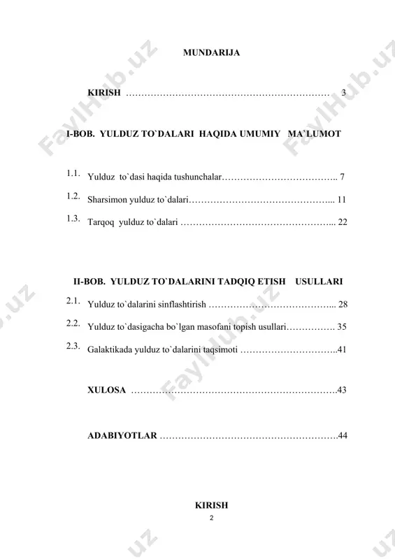 axshi ma`lumki, yulduz to`dalari odatda 2-xilga bo`linadi. 1-sharsimon yulduz to`dalari va 2-tarqoq yulduz to`dalari. bizni eng ko`p qiziqtirgani ularning evalyutsiyasi bo`lib, a`zolarining xususiy harakatlari ranglari, o`zgaruvchan yulduzlarni o`rganish orqali koinot haqidagi ilmiy bilimlarimizni kengaytiramiz va yangilaymiz. bitiruv malakaviy ishning maqsadi va vazifasi. ushbu bitiruv malakaviy ishning asosiy maqsadi sharsimon va tarqoq yulduz to`dalarini o`rganish usuli ya`ni ularni sinflarga ajratish, tashkil etuvchilaridagi (a`zolari)o`zgaruvchanliklarini o`rganish orqali ulargacha bo`lgan masofani aniqlash bilan bog’liq qator masalalarni o`rganib chiqishdan iborat. bunday masalalarda qo`yidagilarni keltirib o`tishimiz mumkin. yulduz to`dalarini inflashtirish, ulargacha bo`lgan masofani topish usullari va galaktikadagi yulduz to`dalari taqsimotini o`rganish kabi asosiy masalalarga e`tibor qaratilgan. misol uchun sharsimon yulduz to`dalarini sinflashtirishda ularning tashqi ko`rinishi inobatga olinadi. shu yerda aytib o`tish kerakki ulardagi yulduzlar soni juda kichik burchaklar sohasida yuzlab yulduzlar joylashgan bo`lishi mumkin. ya`ni yulduz to`dalarigacha bo`lgan masofani aniqlash o`z-o`zidan koinot o`lchamlari haqidagi (galaktika) o`lchamlari haqida tug’ri tasavvur berishga harakat qilinadi. ushbu b.m.i ni vazifasiga …