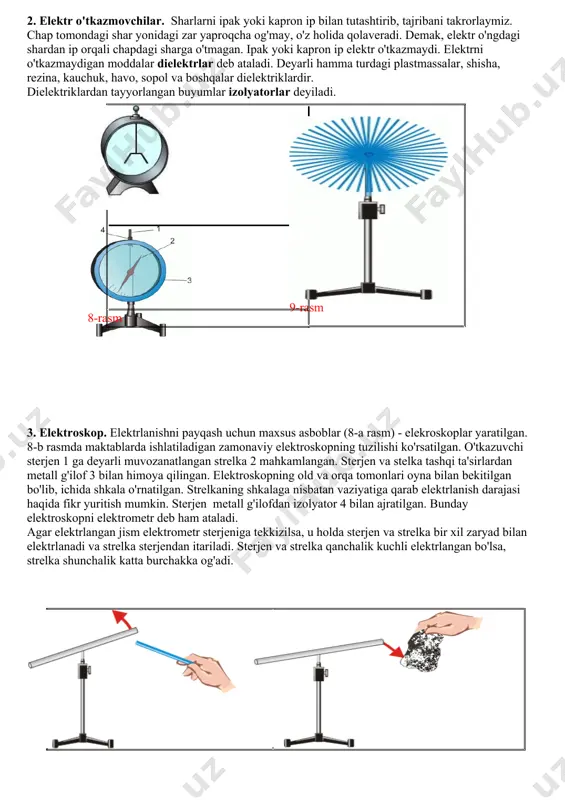 atlangan strelka 2 mahkamlangan. sterjen va stelka tashqi ta'sirlardan metall g'ilof 3 bilan himoya qilingan. elektroskopning old va orqa tomonlari oyna bilan bekitilgan bo'lib, ichida shkala o'rnatilgan. strelkaning shkalaga nisbatan vaziyatiga qarab elektrlanish darajasi haqida fikr yuritish mumkin. sterjen metall g'ilofdan izolyator 4 bilan ajratilgan. bunday elektroskopni elektrometr deb ham ataladi. agar elektrlangan jism elektrometr sterjeniga tekkizilsa, u holda sterjen va strelka bir xil zaryad bilan elektrlanadi va strelka sterjendan itariladi. sterjen va strelka qanchalik kuchli elektrlangan bo'lsa, strelka shunchalik katta burchakka og'adi. tajribada ko'rganlarimiz haqida o'ylab ko'raylik. tayoqcha bilan mo'yna bir-biriga tegishi natijasida elektrlanadi. elektrlangan tayoqchalar bir-biridan itariladi, biroq elektrlangan mo'ynaga tortiladi. elektrlangan mo'yna bilan o'tkazilgan tajribada ham shunday bo'ladi: elektrlangan mo'ynalarning bir bo'lagi ikkinchisidan itariladi, lekin elektrlangan tayoqchaga tortiladi. o'tkazilgan tajribalarning ko'rsatishicha, elektrlash jarayonida mo'yna va tayoqchada turlicha elektr hosil bo'ladi. qahrabo tayoqchada hosil bo'lgan elektrni manfiy (-) deb, mo'ynadagi elektrni esa musbat (+) deb hisoblashga kelishilgan. mustahkamlash. …