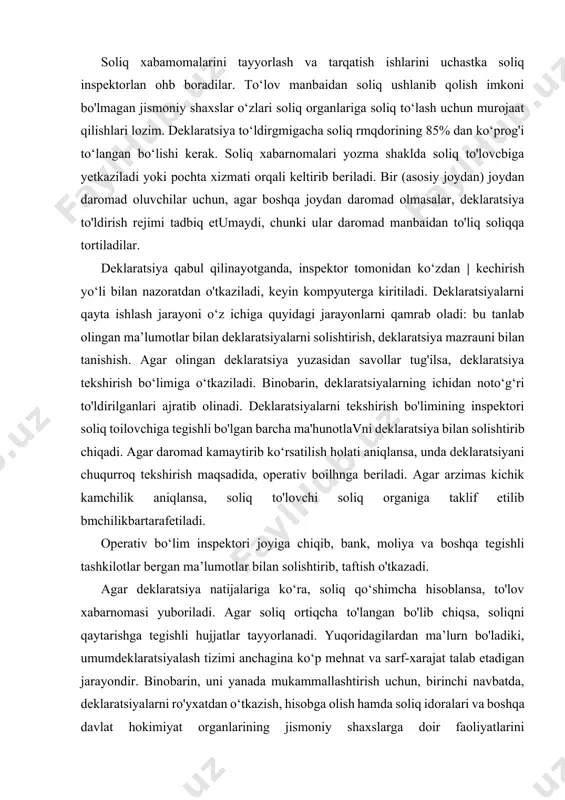 zimi anchagina ko‘p mehnat va sarf-xarajat talab etadigan jarayondir. binobarin, uni yanada mukammallashtirish uchun, birinchi navbatda, deklaratsiyalarni ro'yxatdan o‘tkazish, hisobga olish hamda soliq idoralari va boshqa davlat hokimiyat organlarining jismoniy shaxslarga doir faoliyatlarini muvofiqlashtirish mexanizmini takomillashtirish kerak. bu jihatdan joriy etilayotgan yangiliklar mohiyatini o‘z vaqtida soliq to'lovchilarga tushuntirish mexanizmini yaratish, deklaratsiyalarni taqdim etish tartibini va muddatlarini, ularning e’tiborlariga yetkazish, deklaratsiyalarni topshirilmaganlik yoki noto‘g‘ri ma'lumot taqdim etganlik uchun javobgarlik choralari to‘g‘risidagi targ‘ibot va tashviqot ishlarini faollashtirish muhim ahamiyatga ega. deklaratsiyalash tizimini joriy etish juda katta axborotlar hajmiga ishlov berishni talab etadi. shu bois, faoliyatning aynan shu uchastkasini to‘liq korapyuterlashtirish, sohq tushumlari to‘g‘risidagi ma'lumotlarga ishlov berishning yagona kompyuter tizimini omilkorlik bilan qo'llash, deklaratsiyalash tmmimng yagona axborot markazini yaratish darkor. oldimizga qo‘yiigan masalalarni hisobga olgan holda bugungi kunda deklaratsiyalash tizimida ma’luraotlarga kompyuter ishlovi berish masalalari bilan shug‘ullanuvchi tashkiliy tuzilmani davlat sohq qo‘mitasi huzunda barpo etish dolzarb hisoblanadi. ylllik daromad haqidagi deklaratsiya» taqdim etuvchi …