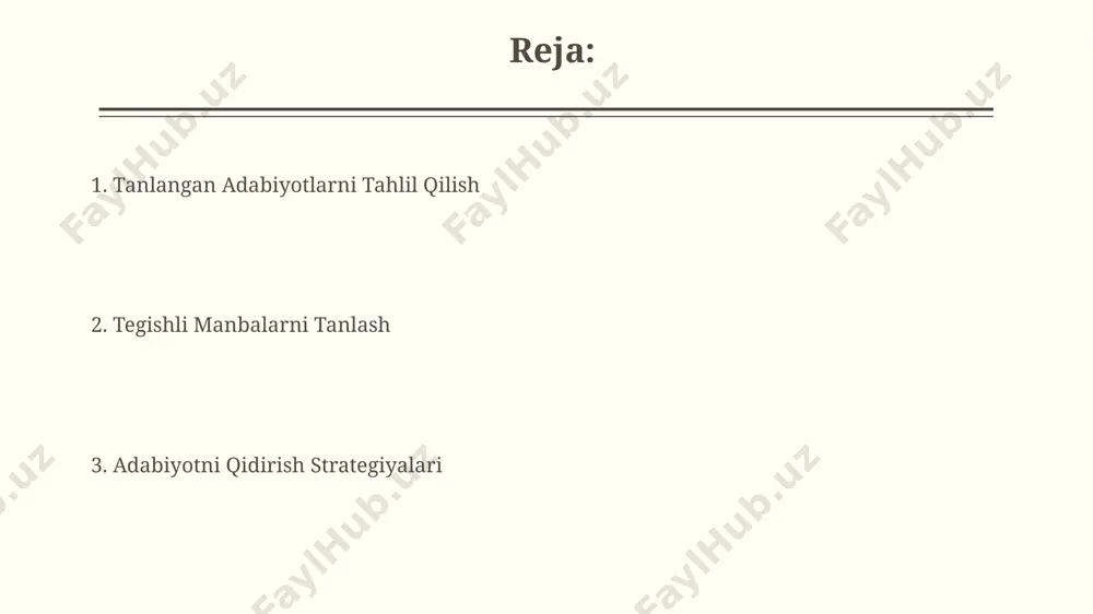 ingdek, kirish sanasini qo'shish tavsiya etiladi. yakuniy adabiyotlar roʻyxatini tuzish adabiyotlar roʻyxatini alifbo tartibida yoki manbalar turini (kitob, jurnal, veb-sayt) hisobga olgan holda tuzish mumkin, shuningdek, raqamlash tizimidan foydalanish mumkin. har bir adabiyot uchun toʻliq bibliografik ma’lumotlar (muallif, nom, nashriyot, yil, sahifa raqamlari yoki url) taqdim etilishi kerak, bu manbalarga osongina murojaat qilish imkonini beradi. adabiyot qidirishning boshlangʻich bosqichlari adabiyot qidirishni aniq maqsad va kalit so'zlarni aniqlashdan, ya'ni taxminan 3-5 ta asosiy tushunchadan boshlash kerak, keyin esa bu so'zlarni turli kombinatsiyalarda qo'llash tavsiya etiladi. ma'lumotlar bazalari tanlashda, scopus, web of science kabi 10 dan ortiq ma'lumotlar bazalarini tekshirish va ularning qamrovini hisobga olish muhim ahamiyat kasb etadi. e'tiboringiz uchun rahmat @taqdimot_robot image2.jpg image3.jpg image4.jpg image5.jpg image6.jpg image7.jpg image8.jpg