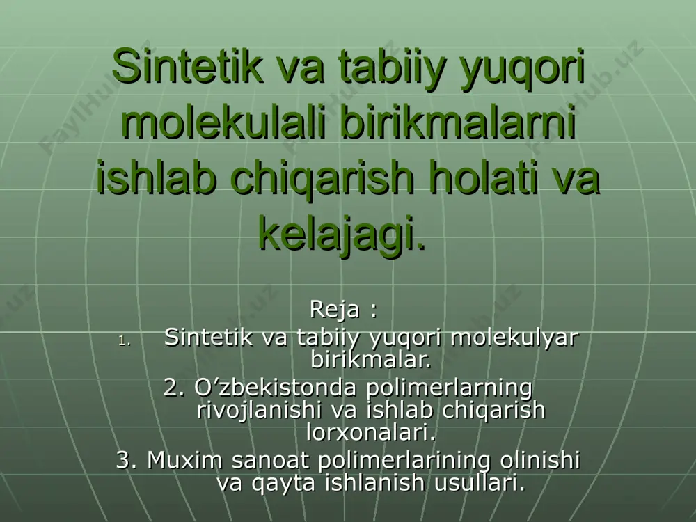 r topish mumkin. ayniqsa zamonaviy korxonalarning xom ashyodan to’lato’kis foydalanishi, chiqindisiz tehnologiyalarni qo’llash niyatida komplekslashtirishni namuna qilish uchun yirik kimyo korxonolarning tarkibida bir vaqtning o’zida anorganik, organik va polimer ishlab chiqarilishini yo’lga qo’yish uchun quyidagi misollarni keltirib o’taman! chirchiq elektrokimyo kombinati eng asosiy ishlab chiqarish maxsulotlari suyuq ammiak(bir necha turlari), konsentrlangan va suyultirilgan nitrat kislotasi ammoniy nitrat, ammoniy sulfat karbamid, kaproloaktam, suyuq va gaz xolatidagi vodorod, karbonat angidridi, natriy kaliy natriy, kaliy va silitsiy metallari va xilma xil nikelli, mis-rux-alyuminiy, alyuminiy-xrom katalizatorlaridan iborat. navoiy azot ishlab chiqarish bu birlashma tarkibida kimyoviy tola ishlab chiqaruvchi “nitron” korxonasi mavjud bo’lib, korxonada poliakrinonitril tolasi ishlab chiqariladi. ushbu maqsadda tabiiy metan gazini kreking jarayoniga uchratib, atsitilen va vodorod gazi olinadi. bu monomer asosida va xosil bo’lgan tolobop polimerni qayta ishlash va bo’yalish qobiliyatini oshirish maqsadida, unga 2-3% metakrilat va itokon kislotasi qo’shilib 51.5% li rodonid natriy eritmasida 80*c temparaturada polimerizatsiya olib boriladi. sho’rtan neft …