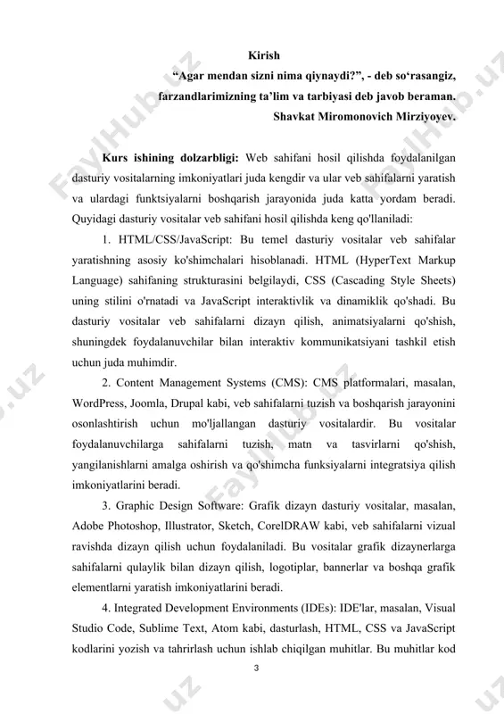 jarayonida foydalanuvchilarga qulayliklar ta'minlaydi. kurs ishining ahamiyati: mamlakatimizda axborot web texnologiyalari sohasini rivojlantirishga qaratilgan etibor, jumladan web dasturiy ta’minot vositalar ishlab chiqaruvchilarini qo’llab-quvvatlash hamda ularga berilgan imtiyozlar, yordamida o’zbekistonda yuqori malakali it-mutaxassislarni tayorlashni yo’lga qo’yish, hamkorlikda web dasturiy ta’minot vositalarini ishlab chiqarish, kabi keng ko‘lamli islohotlar olib borilmoqda. amalga oshirilayotgan ishlar samarasi o‘laroq, axborot-kommunikatsiya texnologiyalarining rivoji tobora jadallashib bormoqda. akt yo‘nalishidagi yutuqlarini istagancha sanash mumkin. akt yo‘nalishiga qiziquvchanligi hamda mamlakatda mustaqil tashabbuslar keng qo‘llab - quvvatlanishi bilan bog‘liqligini ta’kidlashadi. korxonalarning ishlab chiqarish quvvatlari o‘sib, so‘nggi avlod texnika va texnologiyalari joriy etilyapti. kurs ishining maqsadi: "web sahifani hosil qilishda foydalanilgan dasturiy vositalarning imkoniyatlari" maqsadi, web sahifalarini yaratish jarayonida dasturiy vositalarning o'zgaruvchan rolini ta'riflash, ulardagi imkoniyatlar va foydalanishni ta'kidlashdir. bu mavzuda ko'rsatilgan ma'lumotlar veb-saytlarni yaratish uchun qo'llaniladigan asosiy dasturiy vositalarning yordamida muvaffaqiyatli veb-saytlar yaratish jarayonida qanday muhim ahamiyatga ega ekanligini ta'kidlash uchun yozilgan. bu maqola web-dasturlash sohasida qiziqarli bo'lganlar uchun ma'lumotlarni yoritadi …