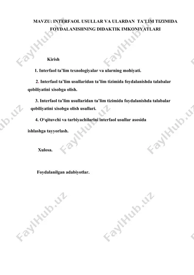 interfaol usullar va ulardan ta’lim tizimida foydalanishning didaktik imkoniyatlari — DOC