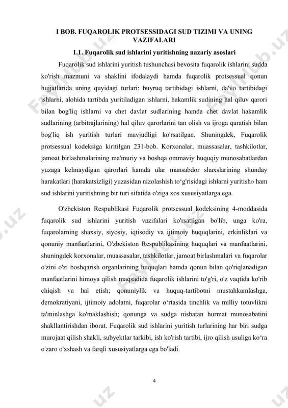 liga koʻra o'zaro o'xshash va farqli xususiyatlarga ega bo'ladi. masalaп sud buyrug'i nizosiz ishlar boʻyicha sud muhokamasi oʻtkazilmasdan chiqarilsa, da'vo tartibida ish yuritishda nizoli ishlarni deyarli cheklovsiz bosqichma-bosqich barcha protsessual harakatlar orqali koʻrib hal qilish amalga oshiriladi. alohida tartibda yuritiladigan ishlarda esa arizachi va manfaatdor shaxsning manfaatlari, talabni (jaktni) faqat sudda belgilash imkoniyati mavjudligi va belgilanayotgan faktlarning ma'lum maqsad va oqibatlari mavjudligi bilan izohlanadi. hakamlik sudining hal qiluv qarorlari bilan bog'liq ish yuritishda ushbu turdagi qarorlarni fuqarolik sudida ko'rib chiqilishi va ijroga qaratilishiga oid vakolatning shu sudga (fuqarolik, iqtisodiy ishlar boʻyicha sudlarga) berilganligi o'ziga xos ahamiyat kasb etadi. chet davlat sudlarining hamda chet davlat hakamlik sudlarining (arbitrajlarining) hal qiluv qarorlarini tan olish va ijroga qaratish bilan bog'liq ish yuritishda subyektlar va sud qarorlarining o'ziga xosligi muhim ahamiyat kasb etadi. da'vo tartibida ish yuritishning xususiyatlari: ishlar (talablar) ning nizoli ekanligi; sudga tegishli nizolar toifasida cheklovlar yo'qligi; sudga murojaat qiluvchi taraflar, uchinchi …
