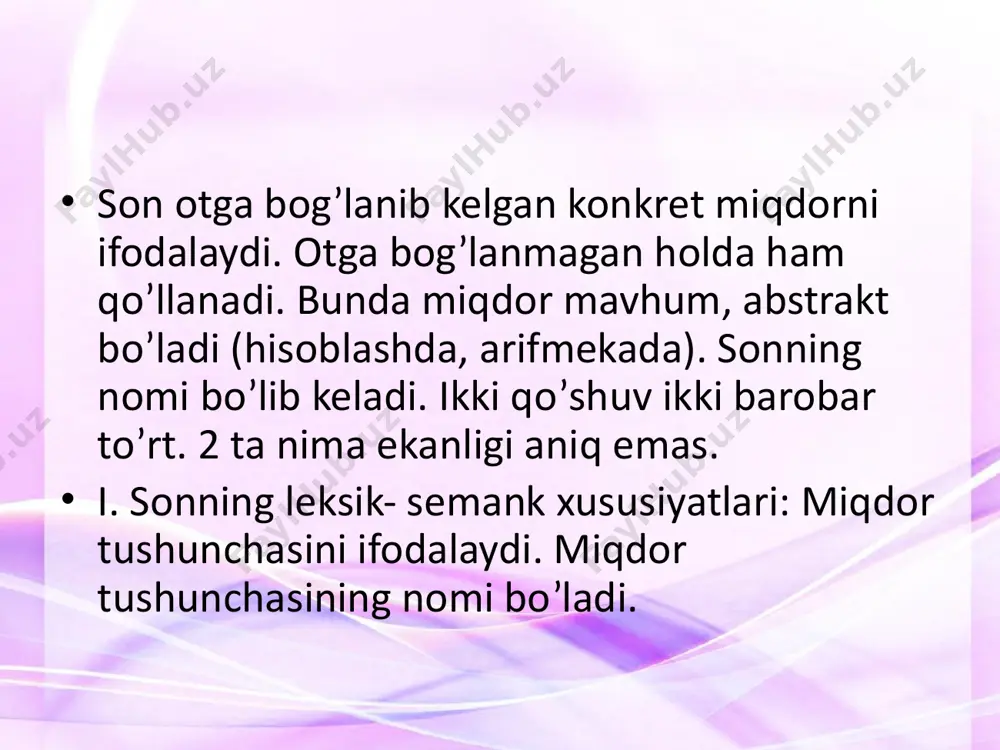 i olib, kirish so’z vazifasini bajaradi. tartib sonlar ba’zan daraja, nav, tur ma’nolarini bildirib keladi: 1 – sinf xaydovchisi, 2-nav un, 1-tur o’yinlari. sonning tuzilish jihatdan turlari. sonlar tuzilishiga ko’ra 3 xil: 1. sodda sonlar; bir, ming, ellik. 2. murakkab sonlar: bir ming to’qqiz yuz ellik. 3. juft sonlar: besh-olti, o’ttiz-qirq, ming-ming. image1.jpeg