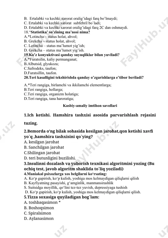 aqasimon * b. boshoqsimon c. spiralsimon d. aylanasimon 6.qariyalarda gipertoniya krizida qanday yordam korsatiladi? a. * jismonan va ruhiy osoyishtalik. oyoq qullarga issiq vanna . bosh soxasiga sovuq kompress. magniy sulfat. 25% li 5-10 ml muskul orasiga, tomir ichiga yuboriladi laziks. 0,25 g tomir ichiga 15 ml fiziologik eritma bilan asta-sekin yuboriladi. dibazol. 1% li 4-6-10 ml tomir ichiga yuboriladi yoki 5 ml eritmasi muskul orasiga yuboriladi. aminazin. 2,5% li eritmasi 1-5 ml dan muskullar orasiga inyeksiya qilinadi. b. qatiy yotish tartibi. nitrogliserin -1tabletkadan til tagiga tashlanadi, xar 5-minutda 3-martagacha. dimedrol 1% li eritmasi 1-5 ml miqdordagi eritmasi muskullar orasiga va tomir ichiga yuboriladi. analgin 50% -2 ml muskullar orasiga papaverin gidroxlorid 2%-1-2 ml aspirin 1tabletka ichishga c . tinchlik.. dibazol. 1% li 4-6-10 ml tomir ichiga yuboriladi yoki 5 ml eritmasi muskul orasiga yuboriladi. aminazin. 2,5% li eritmasi 1-5 ml dan muskullar orasiga inyeksiya qilinadi. d. magniy sulfat. 25% …