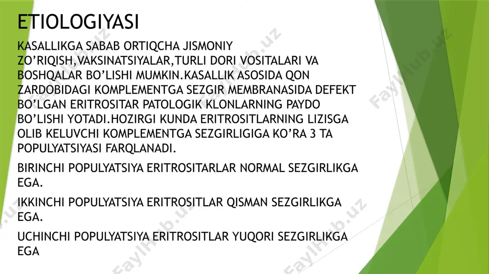 sh aylanishiva qorib bo’shlig’idagi asossiz og’riqlar bilan nomoyon bo’ladi. kklassik-aniqroq klinik ko’rinishiga ega chunki qizil qon hujayralaridagi mutatsiya boshqa qon hujayralariga ham ta’sir qiladi,bu esa bemorning ahvolini yomonlashtiradi. tadqiqorlar shuni ko’rsatadiki, gemopoez mexanizimi buzilmaydi, qoning miqdoriy va sifatiy tarkibida o’zgarishlar bo’ladi asosiy belgilari; -holsizlik -bel sohasida o’tkir og’riqlar -bosh og’rishi -bosh aylanishi -qorindagi og’riqlar -yurak tez urishi -terida rangparlik -teri va shilliq qavatlarda sariqlik -gepatosplenomegaliya -siydik qora rangda bo’lishi -qon bosimning pasayishi -qon ivish tizimining faollashishi anemiya -immun tizim pasayishi bu kasallikni o’ziga hosligi tungi diurezni qora rangda bo’lishi kunduzi och tusga kiradi.paroksizmal tungi gemaglobinuriyada bemorlarda jigar venalarida va pastki yarimvena trombozi portal venada va qorin tomirlarida mikrasirkulyatsiya buzilishi paydo bo’lishi mumkin.trombositopeniya natijasida turli qon ketishlar va halqumning o’zgargan venalarida varikoz qon ketishi mumkin.gemoglobinuretik kriz vaqtida buyrak faoliyati buzilishi kuzatiladi. kechishi; kasallik bemorlarda turli xil kechadi. bu kasallik asosan to’lqinsimon kechadi.kriz bo’lmagan vaqtda bemorlar o’zlarining yaxshi his qilishadi. gemolitik kriz …