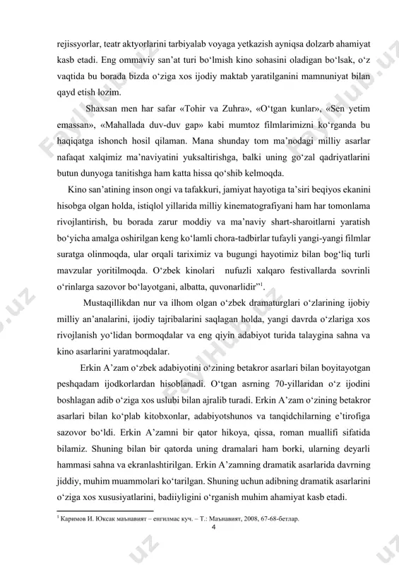 bek dramaturgiyasining shakllanish bosqichlari haqida fikr yuritish; – erkin a’zamning dramaturglik faoliyati haqida fikr yuritish; – yozuvchi dramalarining о‘ziga xos xususiyatlarini tadqiq etish; · adib kinoqissalarida ijtimoiy muhit, milliy qadriyatlarning aks ettirilganligini aniqlash; muammoning о‘rganilganlik darajasi avvalo, adabiyotshunosligimiz va adabiy tanqidchiligimizda drama, о‘zbek dramaturgiyasining masalalari tadqiqiga nazar tashlash lozim. umuman, dunyo adabiyotshunosligida mazkur masala keng о‘rganilgan. qadimgi yunon olimi arastu[footnoteref:2]1 ilk bor drama haqida ilk nazariy qarashlarni bayon etgan bо‘lsa, keyingi davrlarda ham bu jarayon davom etdi. adabiyotshunos olimlar va tanqidchilar tomonidan dramaturgiyaga, о‘zbek dramaturgiyasi haqida bir qator tadqiqotlar olib borilmoqda. [2: 1 арасту. поэтика. ахлоқи кабир. риторика. – т.: янги аср авлоди, 2011.] о‘zbek adabiyotshunosligida kо‘p jildlik “adabiyot nazariyasi”[footnoteref:3]2, “adabiyotshunoslikka kirish”[footnoteref:4] kitoblarida, shuningdek, i.sulton[footnoteref:5], h.abdusamatov[footnoteref:6], a.rasulov[footnoteref:7] kabilarning tadqiqotlari, darslik va о‘quv qо‘llanmalarida drama, bugungi о‘zbek dramaturgiyasi haqida sо‘z yuritiladi. shuni alohida ta’kidlash kerakki, erkin a’zam dramaturgiyasi hali о‘rganilmagan. shuning uchun erkin a’zam dramaturgiyasini alohida tadqiqot obyekti sifatida monografik tarzda …