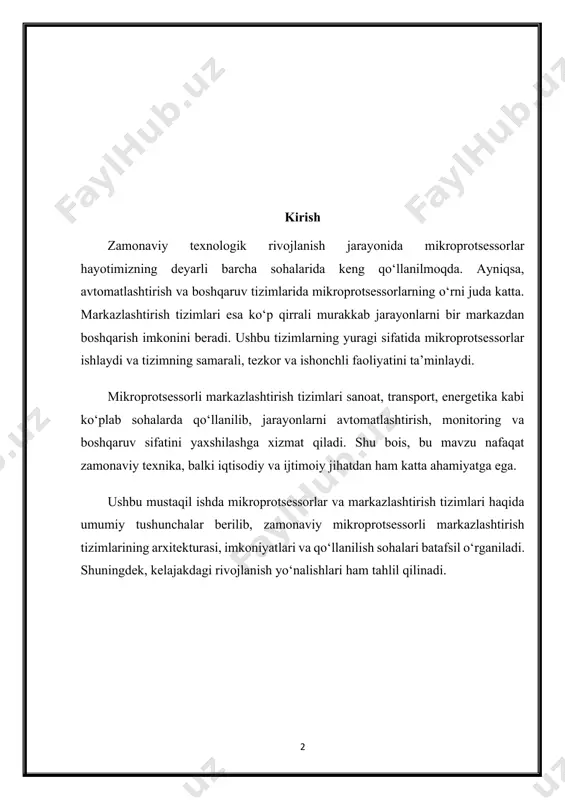 rishga mo‘ljallangan bo‘lsa, zamonaviy mikroprotsessorlar murakkab dasturiy ta’minotni samarali bajarish uchun keng imkoniyatlarga ega. mikroprotsessorning tarkibi mikroprotsessor asosan quyidagi asosiy bloklardan tashkil topadi: · arifmetik-mantiqiy birlik (alu) — arifmetik va mantiqiy operatsiyalarni bajaradi. misol uchun, yig‘ish, ayirish, ko‘paytirish, solishtirish kabi amallar alu tomonidan amalga oshiriladi. · boshqaruv bloki (control unit) — protsessorning barcha komponentlari ishini boshqaradi, buyruqlar ketma-ketligini nazorat qiladi va ularni bajarishni tashkil qiladi. · registrlar — kichik hajmdagi tezkor xotira elementlari bo‘lib, operatsiyalar davomida vaqtinchalik ma’lumotlarni saqlash uchun xizmat qiladi. · soat generatori (clock) — mikroprotsessor ish vaqtini boshqaruvchi signal generatori bo‘lib, tizimning sinxron ishlashini ta’minlaydi. · kesh xotira (cache) — tezkor xotira bo‘lib, tez-tez ishlatiladigan ma’lumotlarni saqlab, ishlash samaradorligini oshiradi. mikroprotsessorning asosiy ishlash printsiplari mikroprotsessorning ishlashi asosan uchta asosiy bosqichdan iborat: buyruqni olish (fetch), buyruqni tahlil qilish (decode), va bajarish (execute). 1. buyruqni olish (fetch): mikroprotsessor operativ xotiradan bajarilishi kerak bo‘lgan buyruqni olib keladi. bu buyruq buyruq …