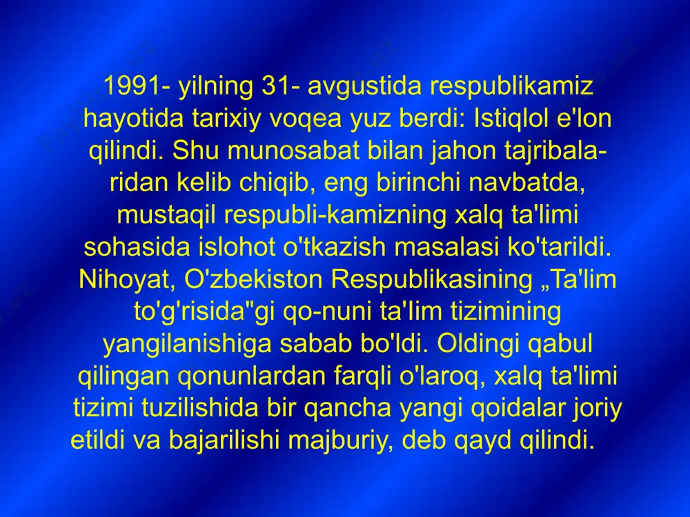 oqiy jihatdan tarbiyalash uchun shart-sharoitlar yaratish; 7 maktabgacha tarbiya muassasalarining har xil turiari uchun turli variantlardagi dasturlarni tanlab olish, maktabgacha tarbiya-ning barcha masalalari bo'yicha malakali konsultatsiya xizmati ko'rsatish imkoniyatini yaratish; 8 maktabgacha tarbiya va sog'lomlashtirish muassasalari tarmog'ini qo'llab-quwatlash va rivojlantirish mexanizmini ishlab chiqish. to'qqiz yillik (i—ix sinflar) o'qishdan iborat umumiy o'rta ta'lim majburiydir. ta'limning bu turi boshlang'ich ta'limni (i— iv sinflar) qamrab oladi hamda o'quvchilarning fanlar asoslari bo'yicha muntazam bilim olishlari, ularda bilimlarni o'zlashtirish ehtiyojini, asosiy o'quv-ilmiy va umummadaniy bilimlarni, milliy va umumbashariy qadriyatlarga asoslangan ma'naviy-axloqiy fazilatlarni, mehnat ko'nikmalarini, ijtimoiy fikrlash va atrof-muhitga ongli munosabatda bo'lishni va kasb tanlashni shakliantiradi. [umumiy o'rta ta'lim tugallanganidan keyin o'quv fanlari va ular bo'yicha olingan baholar ko'rsatilgan holda davlat tomonidan tasdiqlangan namunadagi attestat beriladi. umumiy o'rta ta'lim umumiy o'rta ta'lim negizida o'qish muddati uch yil bo'lgan majburiy o'rta maxsus, kasb-hunar ta'limi uzluksiz ta'lim tizimi- dagi mustaqil turdir. o'rta maxsus, kasb-hunar ta'limi yo'nalishi — akademik …
