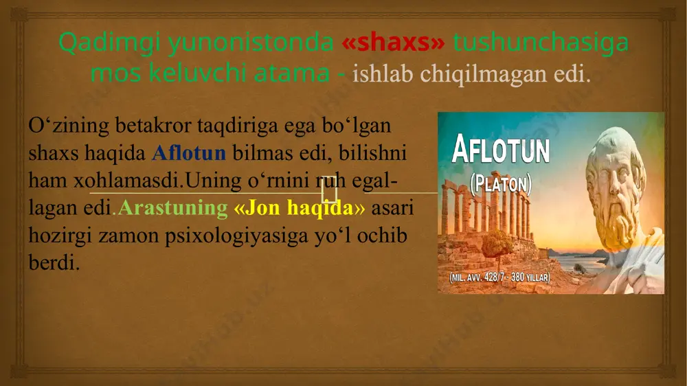 n xayrixohlik va xush ko‘rmaslik majmuasidir; hulq-atvor tarkibiy qism -mayl ob’ektiga nisbatan ma’lum tarzda harakat qilish, iroda kuchini amalga oshirishdir  1. yo‘nalganlik (fikrlar, dunyoqarash, mayllar, istaklar, qiziqishlar, moyilliklar, ideallar kabi shakllarni o‘z ichiga oladi). bu tuzilish osti tarbiya yo‘li bilan shakllanadi. 2. tajriba (ta’lim olishda shaxsiy tajriba vositasida orttirib bo‘lingan, lekin shaxsning biologik va hatto, irsiy belgilangan xossalarining sezilarli ta’siri ostidagi bilimlar, malakalar, ko‘nikmalar va odatlarni birlashtiradi). 3. aks ettirish turli shakllarining individual xususiyatlari (his etish, idrok, xotira, tafakkur, hissiyotlar, tuyg‘ular, iroda). 4. biopsixik xossalar o‘zida temperament xususiyatlari, shaxsning jins va yosh xususiyatlari, patologik, organik o‘zgarishlarni birlashtiradi. bu to‘rt tarkibiy qismga yana ikki tarkibiy qism jamlanadi: mustaqil tarkibiy qism bo‘lib hisoblanmaydigan shaxsning umumiy sifatlaridan iborat, asosiy tarkibiy qismlarning har birining xususiyatlaridan tashkil topgan xarakter va layoqatlar. k.k. aflotunovning yondoshuvi e’tiborga loyiq.u shaxs tuzilishini quyidagilarga ajratadi:  shakllanish omillari tabiiy muhit ijtimoiy muhit faoliyat shaxs individual-psixologik taraf dunyoqarash tarafi ijtimoiy-psixologik …