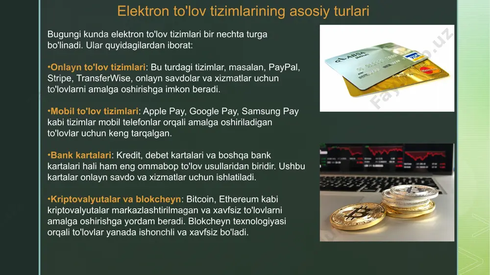 ga pul mablag'larini saqlash, to'lovlarni amalga oshirish va onlayn xaridlarni to'lov tizimlari orqali amalga oshirish imkonini beradi. qiwi, yandex money (hozirda yoomoney), webmoney kabi tizimlar ham onlayn to'lovlar va xizmatlar uchun keng qo'llaniladi. 2. elektron to'lov tizimlarining ishlash mexanizmi a) foydalanuvchi autentifikatsiyasi elektron to'lov tizimlarida to'lovlarni amalga oshirish uchun foydalanuvchi o'z hisobiga kirish uchun autentifikatsiya jarayonini o'tkazadi. bu jarayon foydalanuvchining shaxsini tasdiqlashga qaratilgan va odatda login va parol, ikki faktorli autentifikatsiya (2fa) yoki biometrik tekshiruvlar (barmoq izi, yuzni tanish) orqali amalga oshiriladi. b) to'lovning boshlanishi foydalanuvchi to'lovni amalga oshirish uchun platforma yoki mobil ilovaga kirdi va kerakli mahsulot yoki xizmatni tanladi. to'lovni amalga oshirish uchun foydalanuvchi bank kartasi, hisob raqami yoki elektron hamyonni tanlashi mumkin. c) transaktsiyani tasdiqlash va o’tkazma to'lovni amalga oshirish uchun tizim foydalanuvchidan tasdiqlashni talab qiladi (masalan, pin-kod yoki biometrik autentifikatsiya). to'lov amalga oshirilganda, tizim odatda tarmoq orqali to'lovni ta'minlovchi moliyaviy institutga (bank yoki to'lov tizimi) yuboradi. …