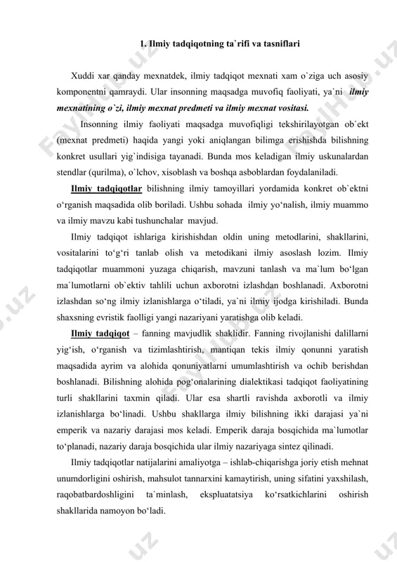 nazariy daraja bosqichida ular ilmiy nazariyaga sintez qilinadi. ilmiy tadqiqotlar natijalarini amaliyotga – ishlab-chiqarishga joriy etish mehnat unumdorligini oshirish, mahsulot tannarxini kamaytirish, uning sifatini yaxshilash, raqobatbardoshligini ta`minlash, ekspluatatsiya ko‘rsatkichlarini oshirish shakllarida namoyon bo‘ladi. ilmiy tadqiqotlarni amalga oshirish uchun katta xarajatlar talab etiladi. fan va texnikaning ilmiy mahsuloti strategik ahamiyatga ega bo‘lgan tovar bo‘lgani uchun unga egalik qilishga davlat monopoliyasi o‘rnatiladi. bunday tartib jahonning deyarli barcha rivojlangan davlatlarida joriy etilgan. ilmiy-tadqiqot ishlari asosan davlat byudjetidan mablag‘ bilan ta`minlanadi. bu eng avvalo, fundamental, nazariy tadqiqotlarga tegishli bo‘lib, uning darajasi ko‘p jihatdan mamlakat fanining rivojlanish darajasini belgilaydi. shuning bilan birgalikda, fundamental tadqiqotlar natijalari deyarli barcha yo‘nalishlardagi amaliy tadqiqotlar va ishlanmalarning ko‘plab muammolarini tezkorlik bilan hal etilishi uchun zamin yaratadi. iti (ilmiy tadqiqot ishi) uchun o‘zbekiston respublikasida davlat byudjetidan yiliga katta mablag‘lar ajratilmoqda, bu xarajatlar byudjedta maxsus modda bilan ko‘zda tutiladi. mustaqillikka erishilgandan beri o‘tgan yillar davomida bu maqsadlar uchun ajratilayotgan mablag‘larning miqdori yildan-yilga …