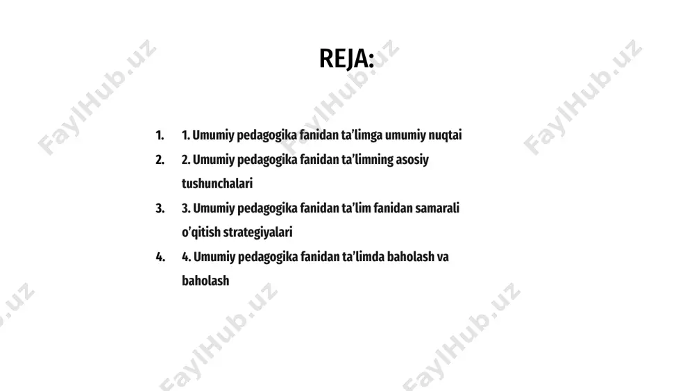o'rganish usullarini o'z ichiga oladi, konstruktiv fikr bildirish va ijobiy va inklyuziv sinf muhitini yaratish. pedagoglar ushbu strategiyalarni amalga oshirish orqali o‘quvchilarda tanqidiy fikrlash, muammoni yechish ko‘nikmalarini rivojlantirishga, umumiy pedagogika tamoyillarini chuqurroq tushunishga yordam beradi. salavha baholash va baholash umumiy pedagogika fanini o‘qitishda hal qiluvchi rol o‘ynaydi va o‘qituvchilarga o‘quvchilarning fan bo‘yicha o‘zlashtirganliklarini va muvaffaqiyatlarini aniqlashga yordam beradi. 1 testlar, viktorinalar, loyihalar va kuzatishlar kabi turli baholash usullari orqali o'qituvchilar talabalarning ta'lim natijalari haqida qimmatli tushunchalarni to'plashlari mumkin. 3 o'qitish strategiyalari samaradorligini o'lchash va shunga mos ravishda o'qitish yondashuvlarini o'zgartirish uchun baholash vositalaridan foydalanish orqali o'qituvchilar talabalar uchun umumiy ta'lim tajribasini oshirishlari mumkin. 2 5. umumiy pedagogika fanidan ta’lim yo‘nalishlari va innovatsiyalari a umumiy pedagogik ta’lim yo‘nalishlari shaxsiylashtirilgan ta’lim, texnologiya integratsiyasi va malakaga asoslangan ta’limni o‘z ichiga oladi. ushbu innovatsiyalar talabalarning turli ehtiyojlarini qondirish va faollikni oshirishga qaratilgan. b o'qituvchilar o'qitish usullarini inqilob qilish uchun aylantirilgan sinflar, loyihaga asoslangan ta'lim …