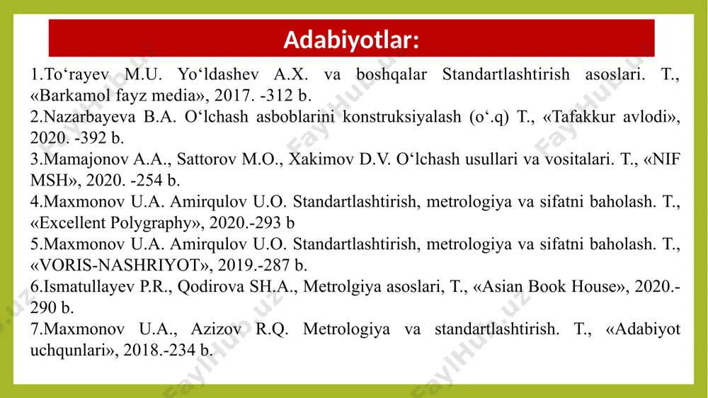 shli. asbobning ko‘rsatishining boshlang’ich nuqtasidan (qiymatidan) oxirgi nuqtasi (qiymati) gacha bo‘lgan oraliq hisoblanadi. xususiy energiya sarfi – bu tavsif ham muhim hisoblanib, asbobning o‘lchash zanjiriga ulanganidan so‘ng kiritishi mumkin bo‘lgan xatoliklarni baholashda ahamiyatli sanaladi. ayniqsa, kichik quvvatli zanjirlarda o‘lchashlarni bajarishda bu juda muhimdir. asbobning ishonchliligi – uni belgilangan ko‘rsatkichlarini vaqt mobaynida saqlash xususiyatini bildiradi. bu ko‘rsatkichlarni chegaradan chiqib ketishi asbobni layoqatliligi pasayib ketganligidan dalolat beradi. o‘lchash asboblarining tavsiflari quyidagi tartibda tavsiya etiladi: 1. asbob xatoligi - o‘lchash asbobining xatoligi absolyut, nisbiy va keltirilgan bo‘ladi. 2. o‘lchash asbobining aniqligi – bu tavsif asbob xatoligining nolga yaqinlashishini ko‘rsatadi. 3. sezgirlik – bu o‘lchash asbobining asosiy parametrlaridan biridir. asbobning chiqish signali o‘zgarishini shu o‘zgarishning sababchisi –kirish signaliga olingan nisbati o‘lchanayotgan kattalikka nisbatan asbobning sezgirligini belgilaydi. sezgirlik absolyut va nisbiy turlarga bo‘linadi. absolyut sezgirlik bo‘yicha s=δl/δx, nisbiy sezgirligi esa quyidagi formula asosida s0=δl/ (δx/x da aniqlanadi, bu yerda δl–chiqishdagi signalni o‘zgarishi; x–o‘lchanadigan qiymat; δx …