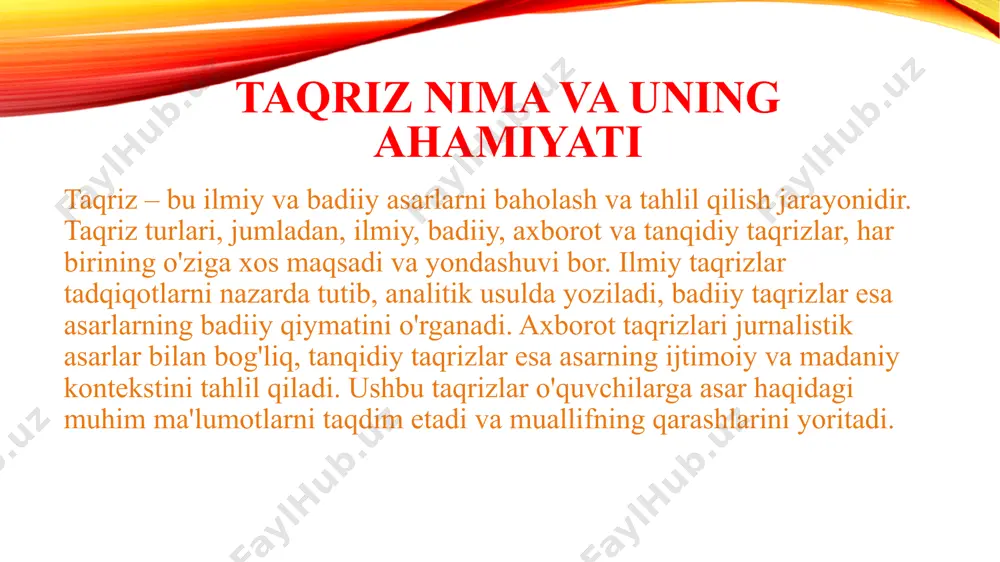 haqiqiy tasavvur hosil qilish mumkin. asar o'quvchilarga qanday ta'sir qilishi, uning zamonaviy jamiyatga bog'liqligi va shaxsiy fikrimizni shakllantirishi ham taqrizning ajralmas qismi hisoblanadi. shuningdek, taqriz yozishda til va uslubning aniqligi ham muhim rol o'ynaydi, bu esa o'qish jarayonini qulaylashtiradi. umuman olganda, taqriz nafaqat asar haqida baho berish, balki uning zamonaviy va shaxsiy ahamiyatini ochib berish uchun qulay imkoniyatdir. e’tiboringiz uchun rahmat! image2.png image1.png /docprops/thumbnail.jpeg