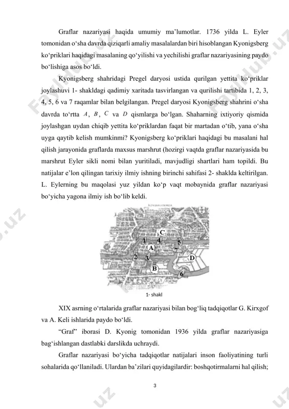 s to‘plam bo‘lsin. uning va elementlaridan tuzilgan ko‘rinishdagi barcha juftliklar (kortejlar) to‘plamini ( to‘plamning o‘z-o‘ziga dekart ko‘paytmasini) bilan belgilaymiz. graf deb shunday juftlikka aytiladiki, bu yerda va – (, ) ko‘rinishdagi juftliklar korteji[footnoteref:1] bo‘lib, to‘plamning elementlaridan tuzilgandir. [1: bundan keyin “juftliklar korteji” iborasi o‘rniga, qisqacha kortej iborasini qo‘llaymiz.] bundan buyon grafni belgilashda yozuv o‘rniga yozuvdan foydalanamiz. grafning tashkil etuvchilarini ko‘rsatish muhim bo‘lmasa, u holda uni lotin alifbosining bitta harfi, masalan, bilan belgilaymiz. graf berilgan bo‘lsin. to‘plamning elementlariga grafning uchlari, to‘plamning o‘ziga esa, graf uchlari to‘plami deyiladi. graflar nazariyasida “uch” iborasi o‘rniga, ba’zan, tugun yoki nuqta iborasi ham qo‘llaniladi. umuman olganda, hanuzgacha graflar nazariyasining ba’zi iboralari bo‘yicha umumiy kelishuv qaror topmagan. shuning uchun, bundan keyingi ta’riflarda, imkoniyat boricha, muqobil (alternativ) iboralarni ham keltirishga harakat qilamiz. grafning ta’rifiga ko‘ra, bo‘sh kortej bo‘lishi ham mumkin. agar bo‘sh bo‘lmasa, u holda bu kortej (, ) ko‘rinishdagi juftliklardan[footnoteref:2] tashkil topadi, bunda bo‘lishi hamda ixtiyoriy juftlik …