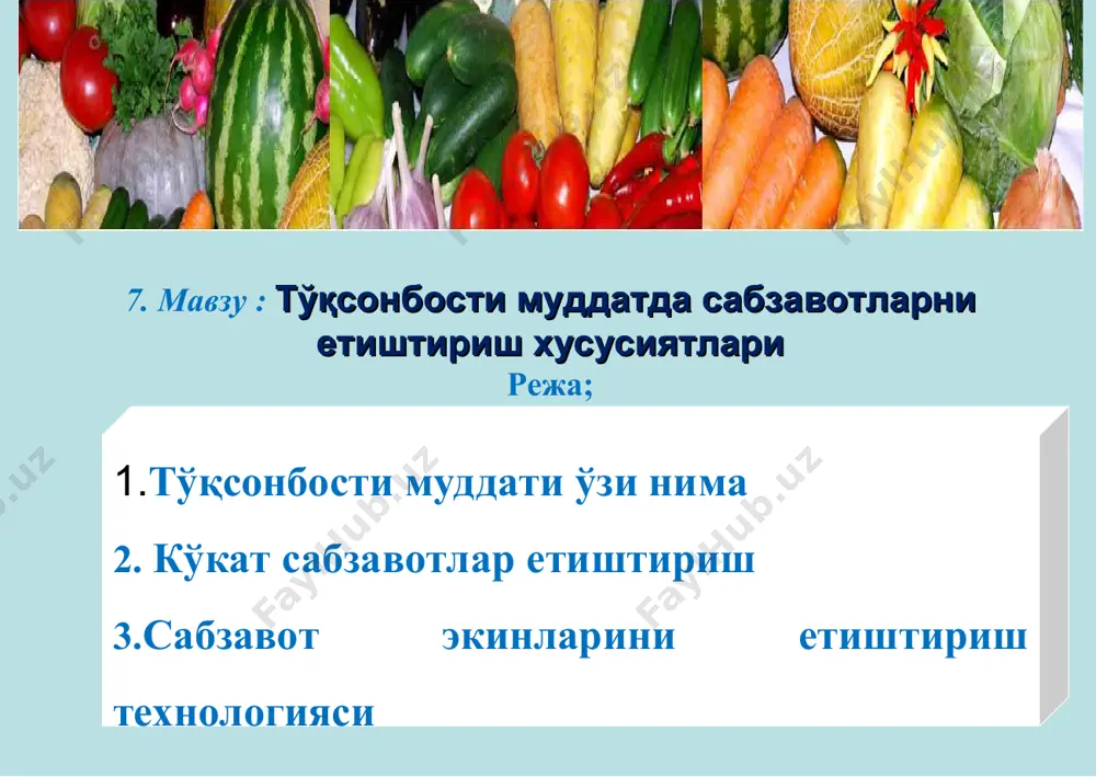 ги эса 15-20 фоизга ортиқроқ бўлади. плёнкани эрта бахорда ёпилади. * солинадиган минерал ўғитлар миқдори экин тури хосилдорлик т/га минерал ўғит, кг/га n р k сабзи 30 220 150 50 пиёз 40 200 150 75 ош лавлаги 45 200 150 50 кўкат сабзавотлар 20 100 75 50 * броколли етиштириш экиш муддати: жанубий вилоятларда 1-10 декабр; экиш схемаси: 70х30см ва 70x40 см. экиш меъёри: экиш схемасидан келиб чиқиб 35714- 47619 дона кўчат экилади. экиш учун тавсия этиладиган навлар: агасси f1, гераклион f1, наксос f1, маратон f1 дурагайлари тавсия этилади. ўғитлаш: соф ҳолда азот 240 кг/га, фосфор 160 кг/га, калий 100 кг/га. суғориш: броколлини ўсув даври давомида жами 5-6 марта, гектарига 500-550 м3 меъёрида суғорилади. парваришлаш: кўчат экилиб бўлгандан кейин дала кетма - кет суғорилади. орадан 2-3 кун ўтгач кўчат ўтказилган эгатлар текширилади, хато жойларга яна кўчат экилади. кўчат тутгандан сўнг кўчат атрофи юмшатилади ва бир марта ўғит берилади. ўсимликлар икки …