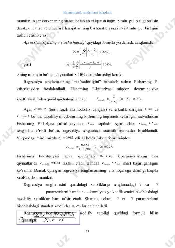 kerak. regressiya tenglamasining “ma’nodorligini” baholash uchun fisherning f- kriteriyasidan foydalaniladi. fisherning f-kriteriyasi miqdori determinatsiya koeffitsienti bilan quyidagichabog’langan: agar (besh foizli ma’nodorlik darajasi) va erkinlik darajasi va bo’lsa, tasodifiy miqdorlarning fisherning taqsimoti keltirilgan jadvallardan fisherning belgisi jadval qiymati - topiladi. agar ushbu tengsizlik o’rinli bo’lsa, regressiya tenglamasi statistik ma’nodor hisoblanadi. yuqoridagi misolimizda edi. u holda f-kriteriyasi miqdori fisherning f-kriteriyasi jadval qiymatlari embed equation.3 va parametrlarning mos qiymatlarida tashkil etadi. bundan shart bajarilganligini ko’ramiz. demak qurilgan regressiya tenglamasining ma’noga ega ekanligi haqida xuolsa qilish mumkin. regressiya tenglamasini qurishdagi xatoliklarga tenglamadagi va embed equation.3 parametrlarni hamda - korrelyatsiya koeffitsentini hisoblashdagi tasodifiy xatoliklar ham ta’sir etadi. shuning uchun va parametrlarni hisoblashdagi standart xatoliklar lar aniqlaniladi. regressiya koeffitsientining tasodifiy xatoligi quyidagi formula bilan aniqlaniladi: regressiya tenglamasining parametri tasodifiy xatoligi quyidagi formula bilan aniqlaniladi: chiziqli korrelyatsiya koeffitsientining tasodifiy xatoligi esa formula asosida aniqlaniladi: 5.2. chiziqli regressiya tenglamasi intervalining bashorati regressiya tenglamasi parametrlarining statistik ma’nodorligini baholash styudent- …