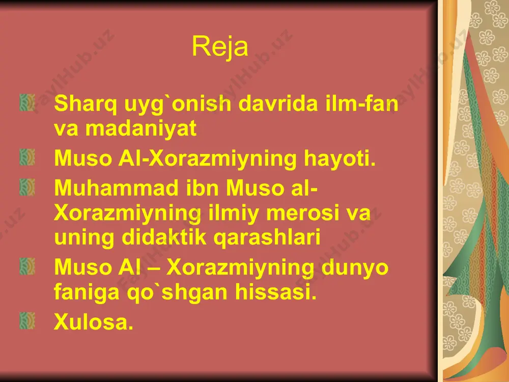 ; uchinchi qism vasiyatlar haqida bo`lib, muallif uni “vasiyatlar kitobi” deb ataydi. barcha mutafakkirlar kabi muhammad al-xorazmiy ham ko`rgazmali-tajriba metodlari, bilim berishning turli vositalari, savol-javob, malaka va ko`nikmalarni shakllantirish metodlari, bilimlarni sinash metodlaridan foydalangan. allomaning arifmetikaga oid risolalari tafakkurni rivojlantirish uchun bilimlarni izchil bayon etishga e`tibor berganligini ko`rsatadi. “men arifmetikaning oddiy va murakkab masalalarini o`z ichiga oluvchi “aljabr val-muqobala hisobi haqida qisqacha kitob”ni ta`lif qildim, chunki meros taqsim qilishda, vasiyatnoma tuzishda, mol taqsimlashda va adliya ishlarida, savdoda va har qanday bitimlarda, shuningdek, yer o`lchashda, kanallar o`tkazishda, geometriyada va boshqa shunga o`xshash turlicha ishlarda kishilar uchun zarurdir”1.muhammad al-xorazmiy bilishni sezgidan mantiqiy tasavvur orqali farq qilish haqida fikr bayon etgan: “sezgi” orqali bilish bu qisman bilish bo`lsa, mantiqiy bilish esa haqiqiy bilimning muhim tomonini namoyon etadi. xulosa xorazmiy nomi esa matematika fanida "algoritm" atamasi shaklida o'z ifodasini topdi. uning "aljabr" asari asrlar davomida avlodlar qo'lida yer o'lchash, ariq chiqarish, bino qurish, merosni …